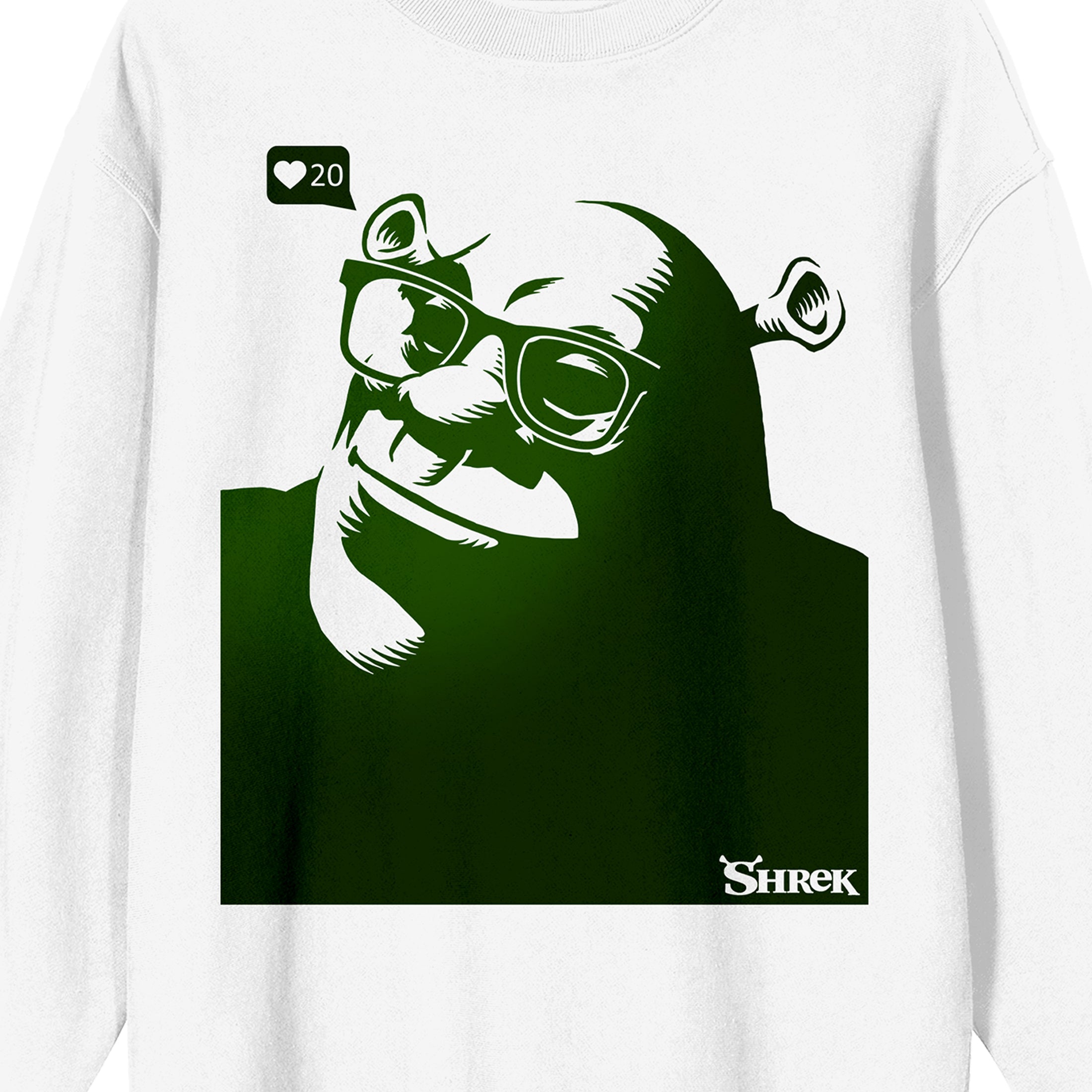Shrek Monochromatic Ogre With Glasses Crew Neck Long Sleeve White Adult Sweatshirt