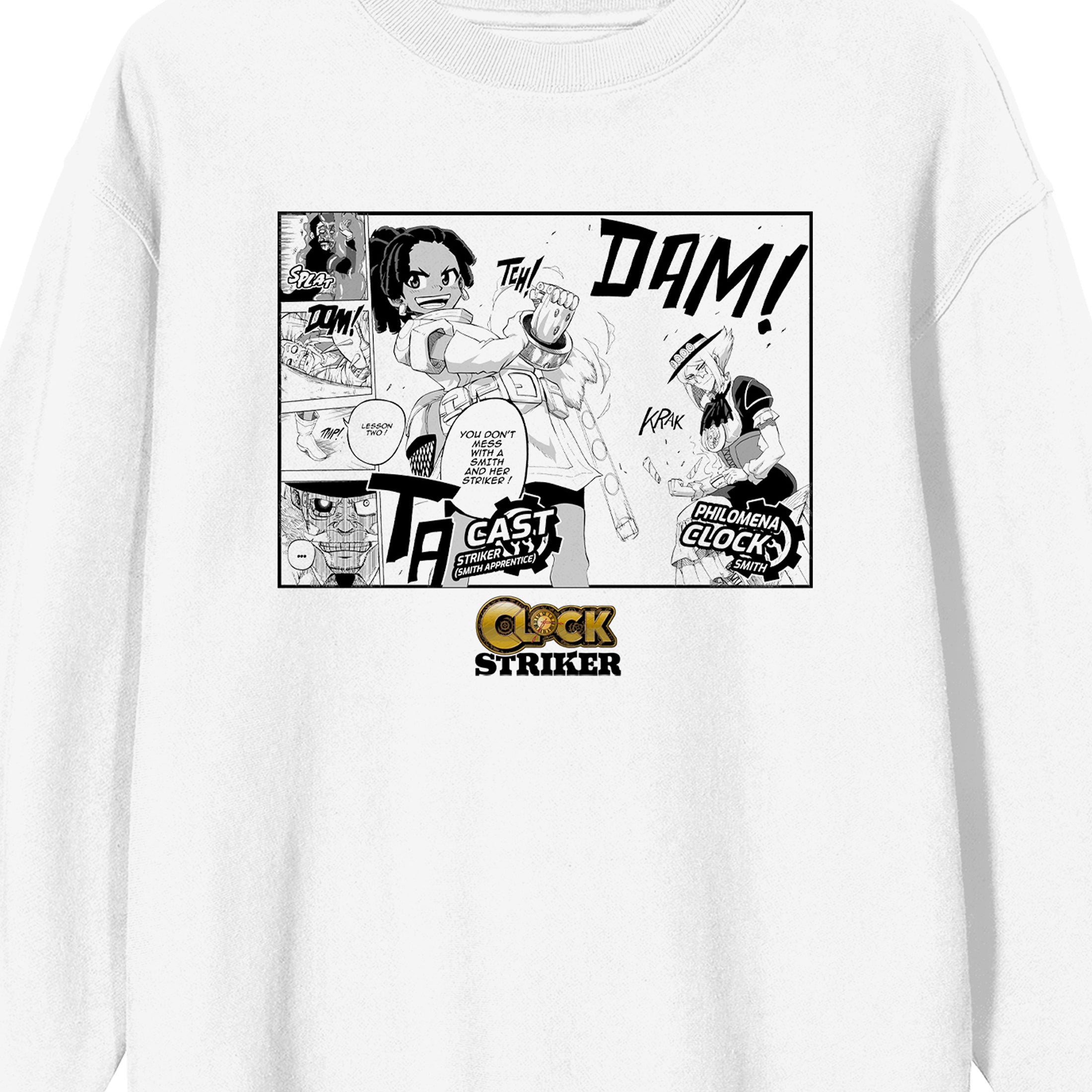 Saturday AM Clock Striker Manga Page Cast and Philomena Adult White Crew Neck Sweatshirt