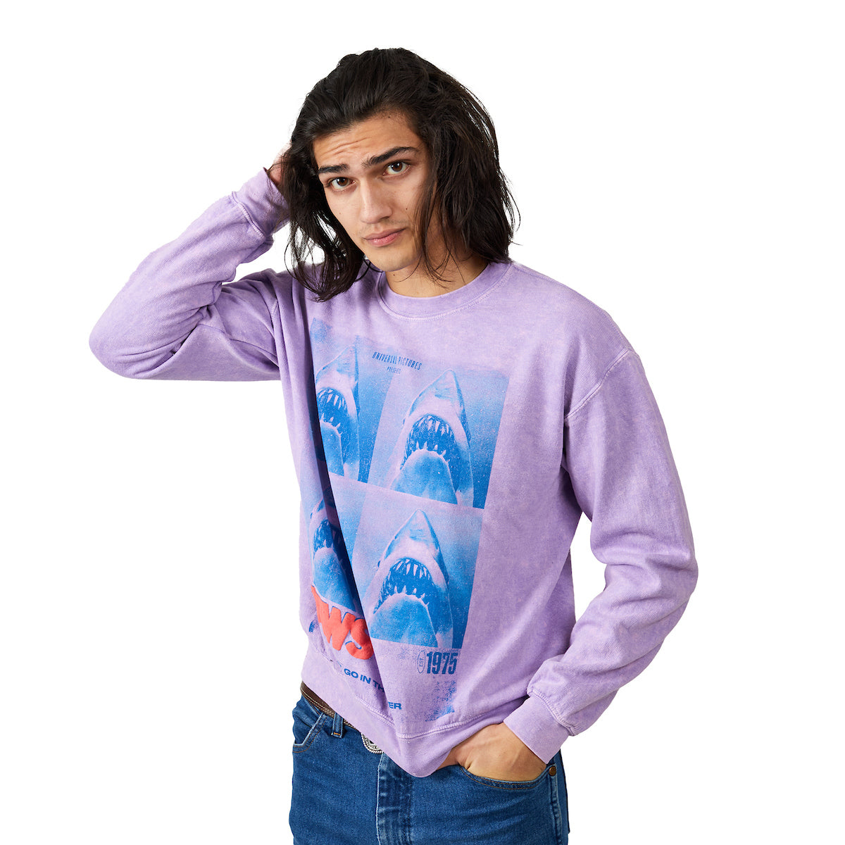 Jaws Shark Four Square Poster Art Crew Neck Long Sleeve Lilac Wash Adult Sweatshirt