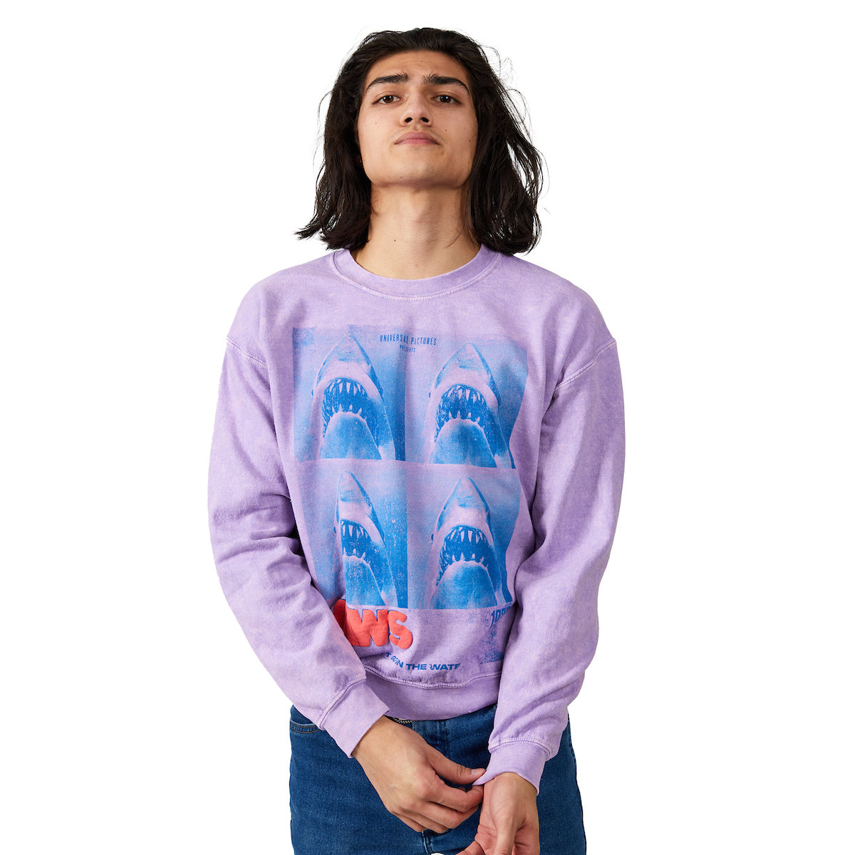 Jaws Shark Four Square Poster Art Crew Neck Long Sleeve Lilac Wash Adult Sweatshirt
