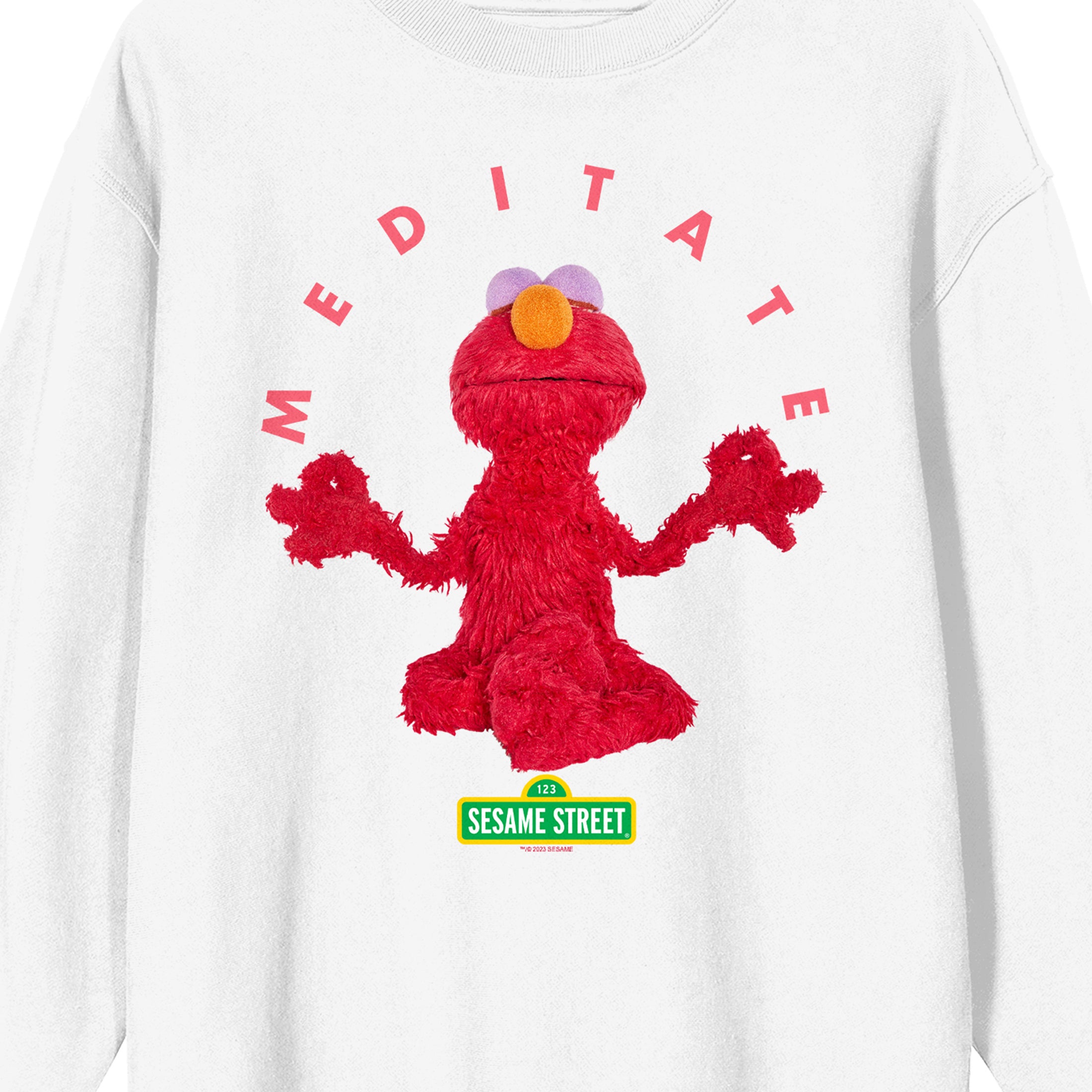 Sesame Street Meditating Elmo Crew Neck Long Sleeve White Unisex Adult Sweatshirt