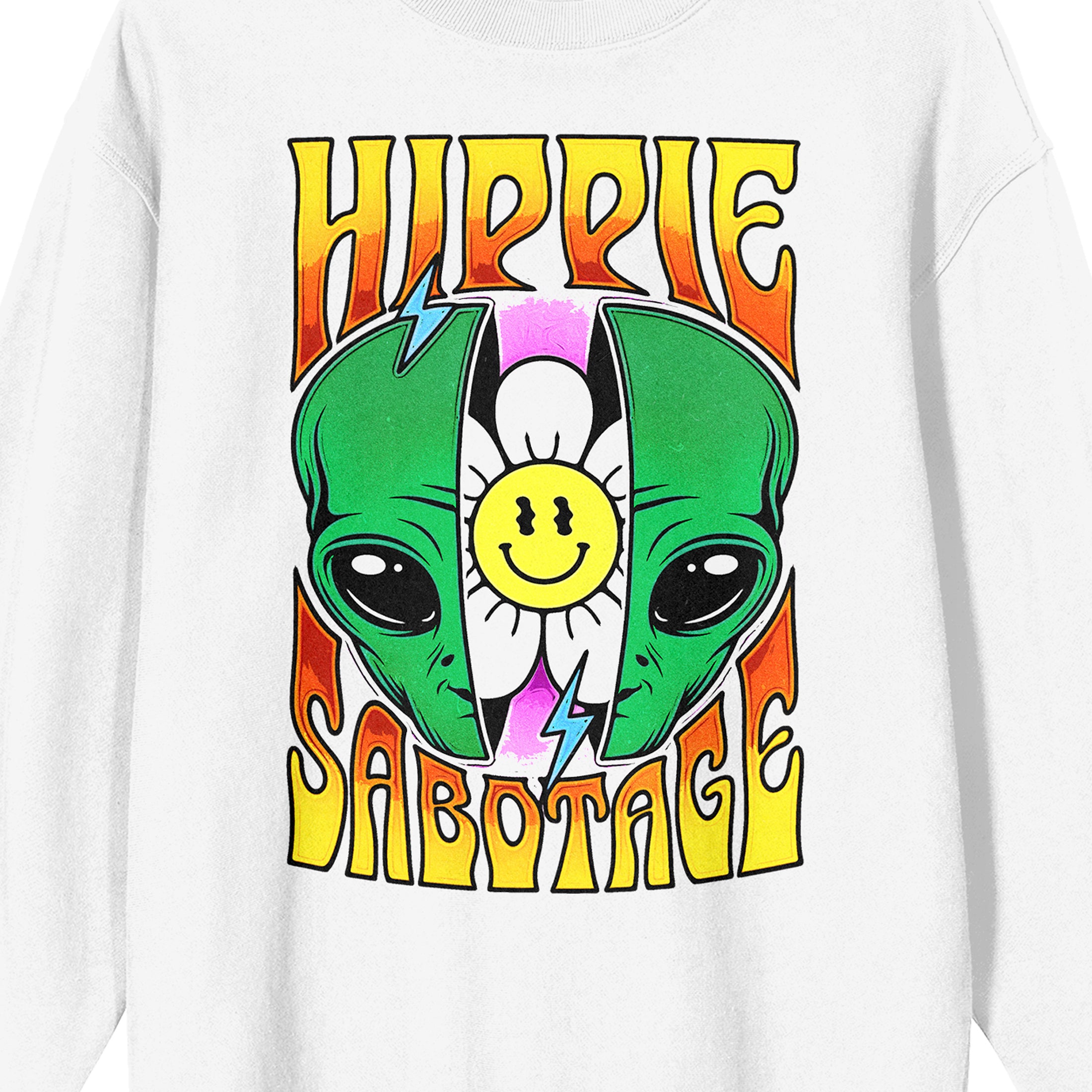 Hippie Sabotage Alien Head Smiling Sunflower Crew Neck Long Sleeve White Adult Sweatshirt