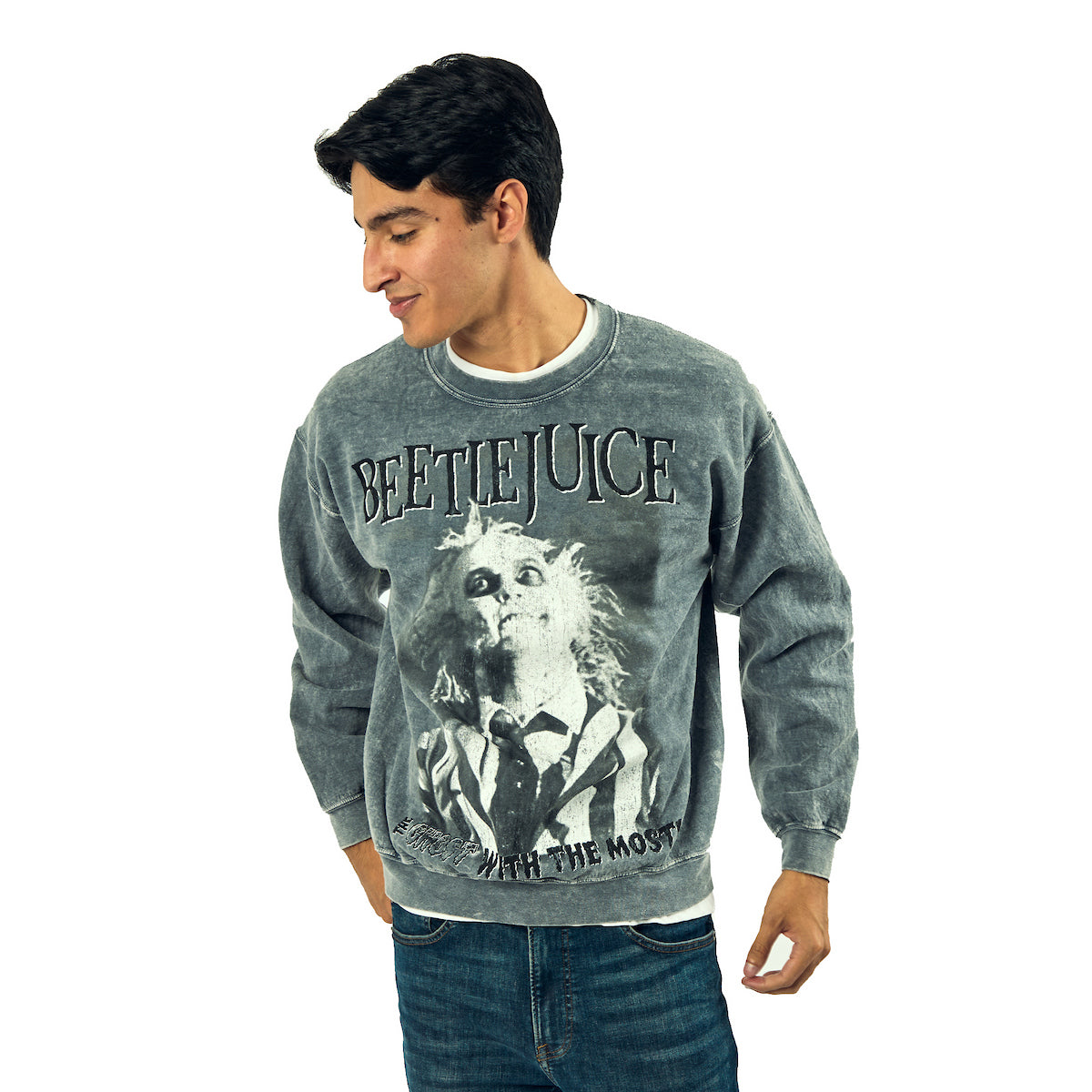 Beetlejuice The Ghost With The Most Adult Unisex Mineral Washed Crew Neck Long Sleeve Sweatshirt