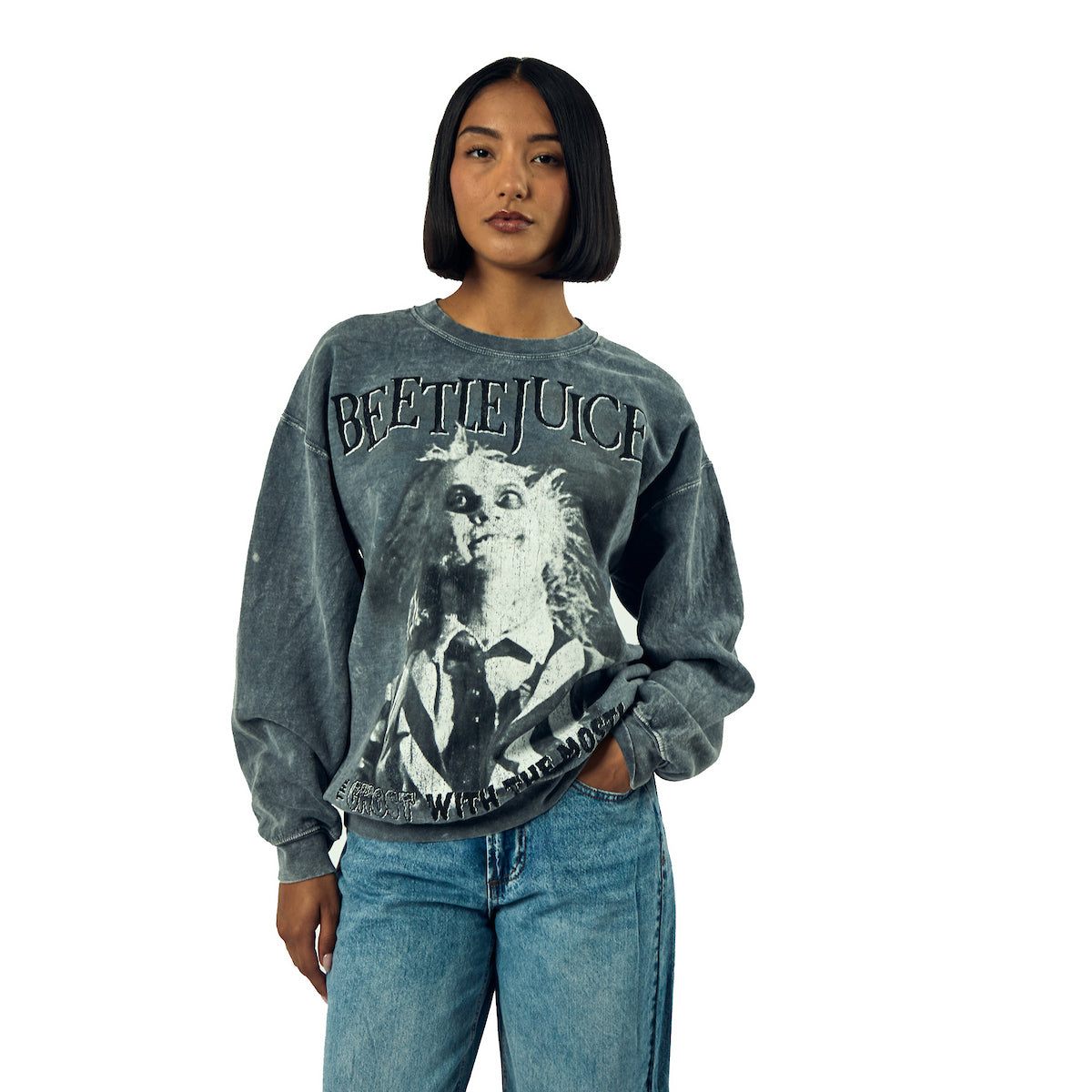 Beetlejuice The Ghost With The Most Adult Unisex Mineral Washed Crew Neck Long Sleeve Sweatshirt