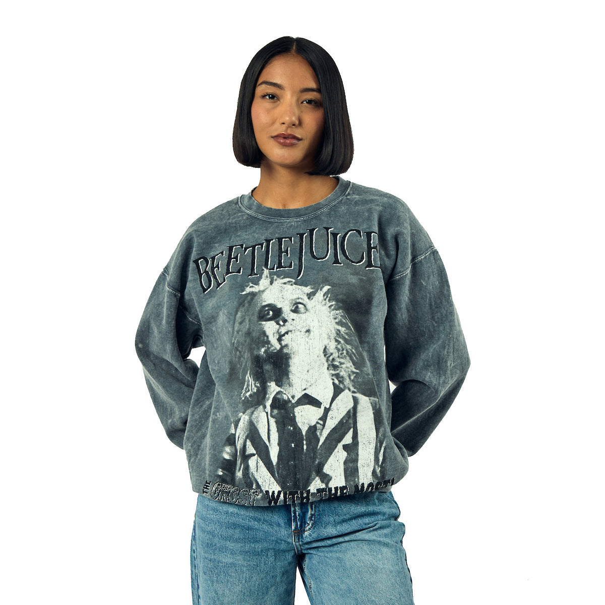 Beetlejuice The Ghost With The Most Adult Unisex Mineral Washed Crew Neck Long Sleeve Sweatshirt