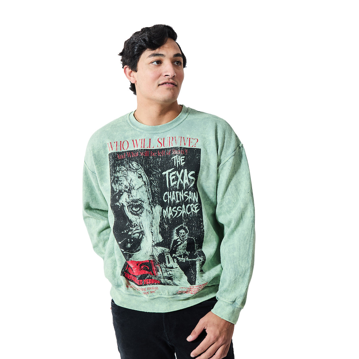 Texas Chainsaw Massacre Who Will Survive Oversized Poster Adult Unisex Mineral Washed Crew Neck Long Sleeve Sweatshirt