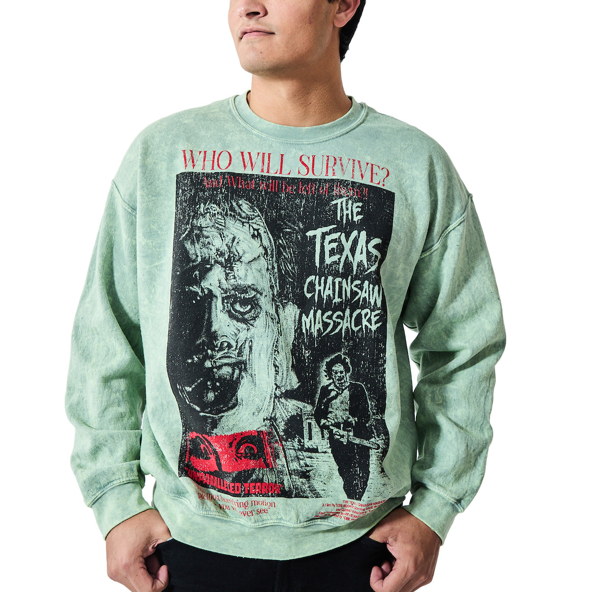 Texas Chainsaw Massacre Who Will Survive Oversized Poster Adult Unisex Mineral Washed Crew Neck Long Sleeve Sweatshirt