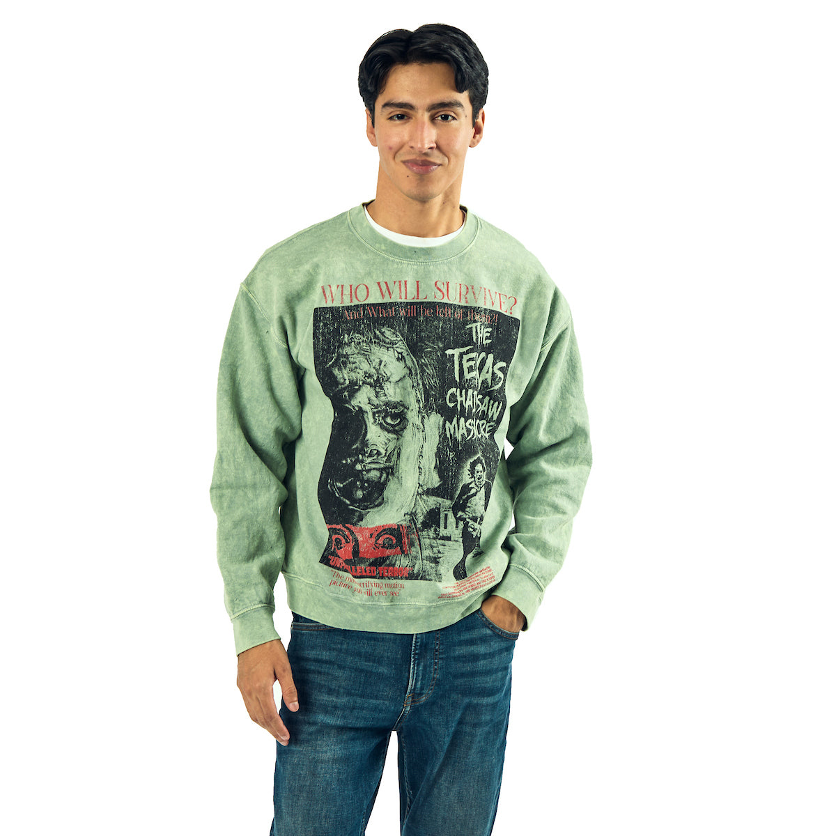 Texas Chainsaw Massacre Who Will Survive Oversized Poster Adult Unisex Mineral Washed Crew Neck Long Sleeve Sweatshirt