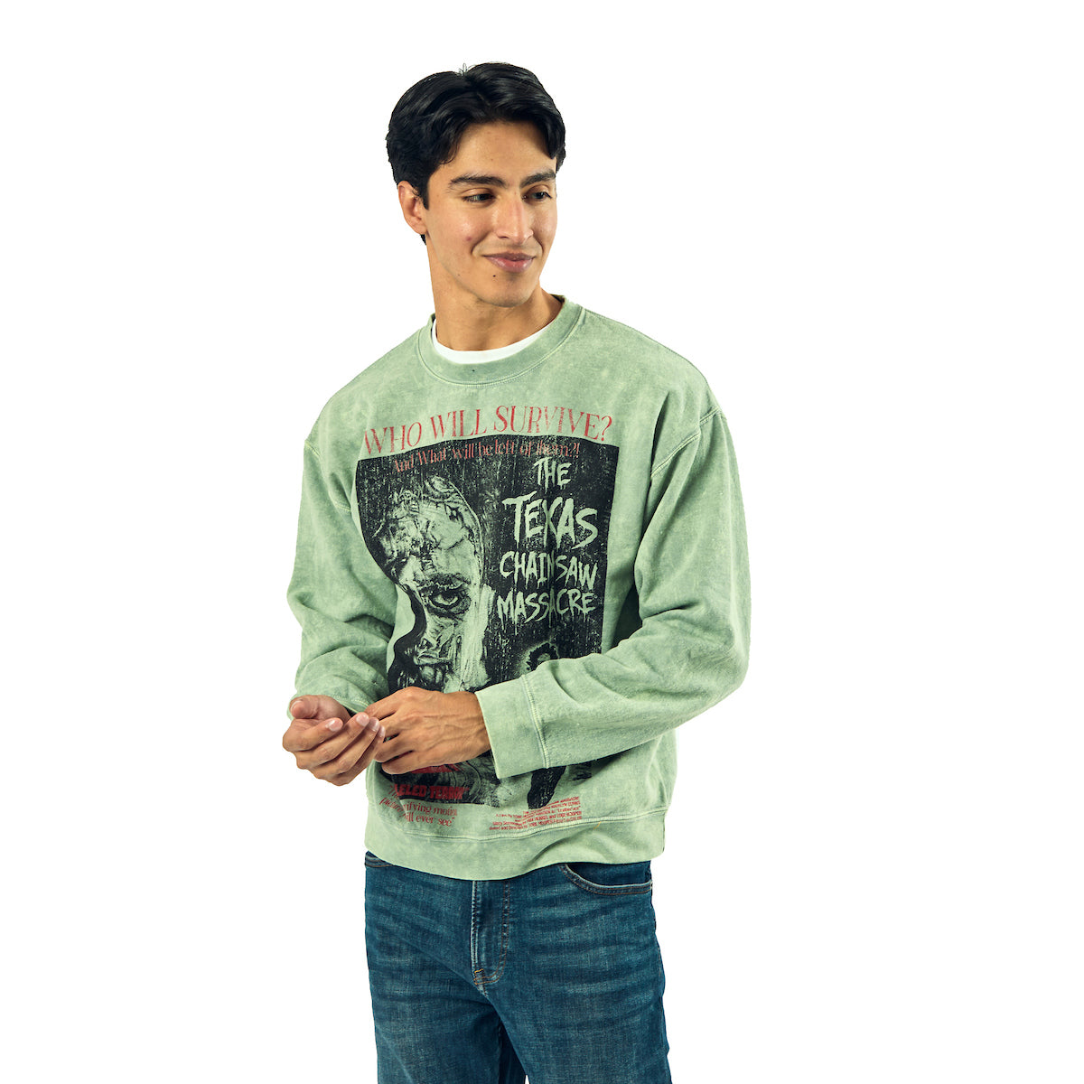 Texas Chainsaw Massacre Who Will Survive Oversized Poster Adult Unisex Mineral Washed Crew Neck Long Sleeve Sweatshirt