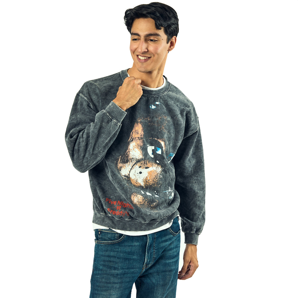 Five Nights At Freddy's Distressed Freddy Face In Shadows Adult UNisex Mineral Washed Crew Neck Long Sleeve Sweatshirt
