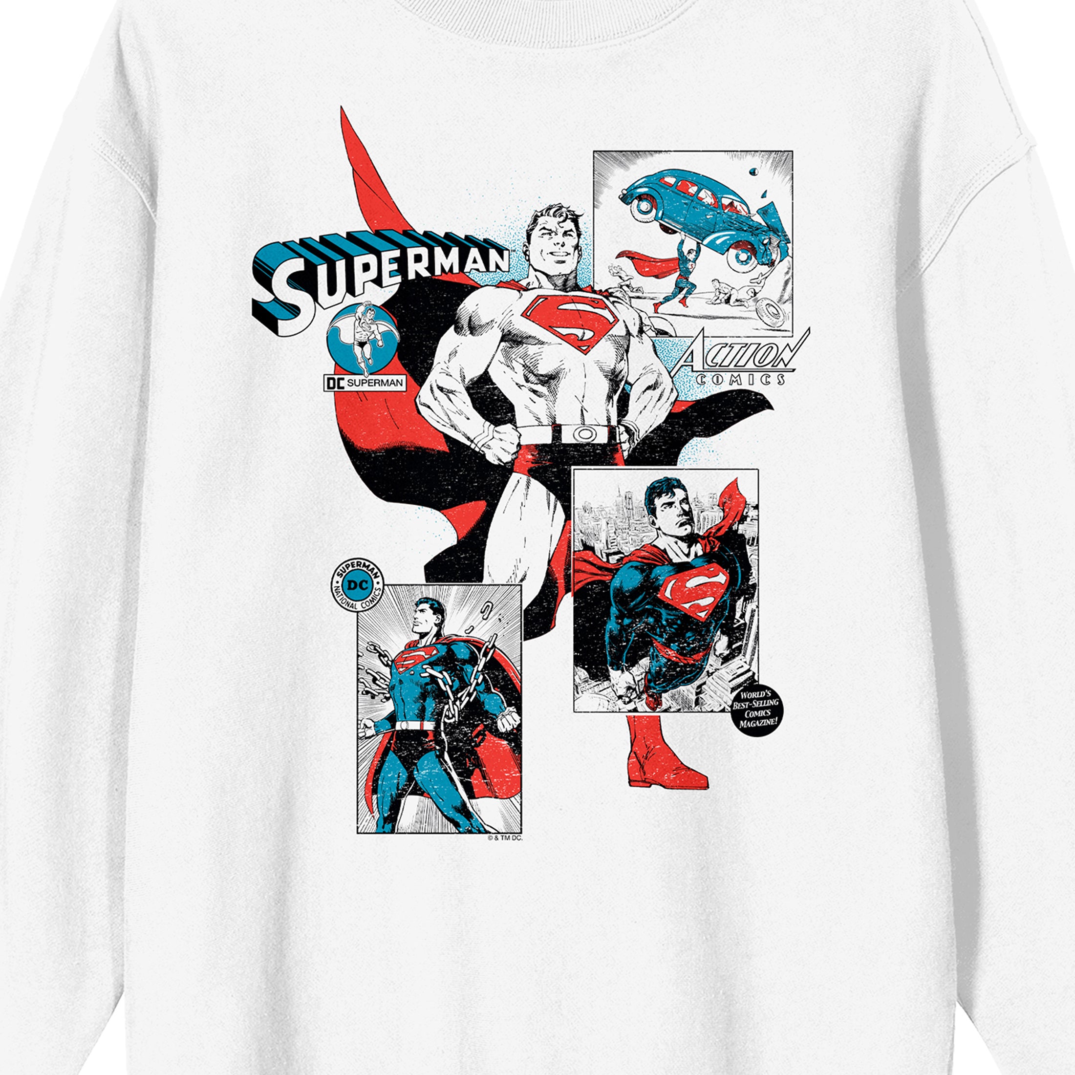 Superman 90th Anniversary Kal-El Retro Comic Art Crew Neck Long Sleeve Adult White Sweatshirt
