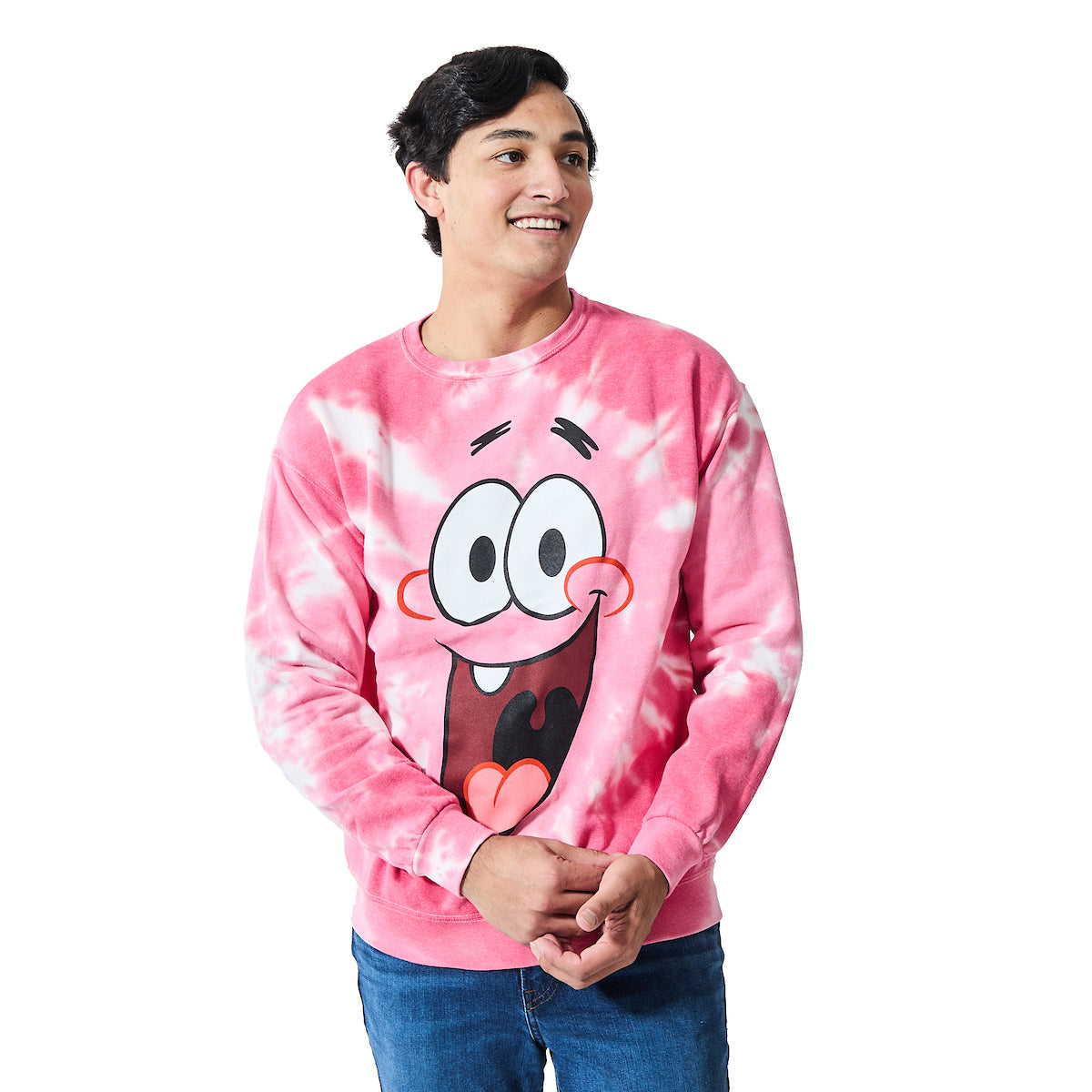 Spongebob Squarepants Big Face Patrick Men's Pink Spiral Wash Crew Neck Long Sleeve Fleece Sweatshirt