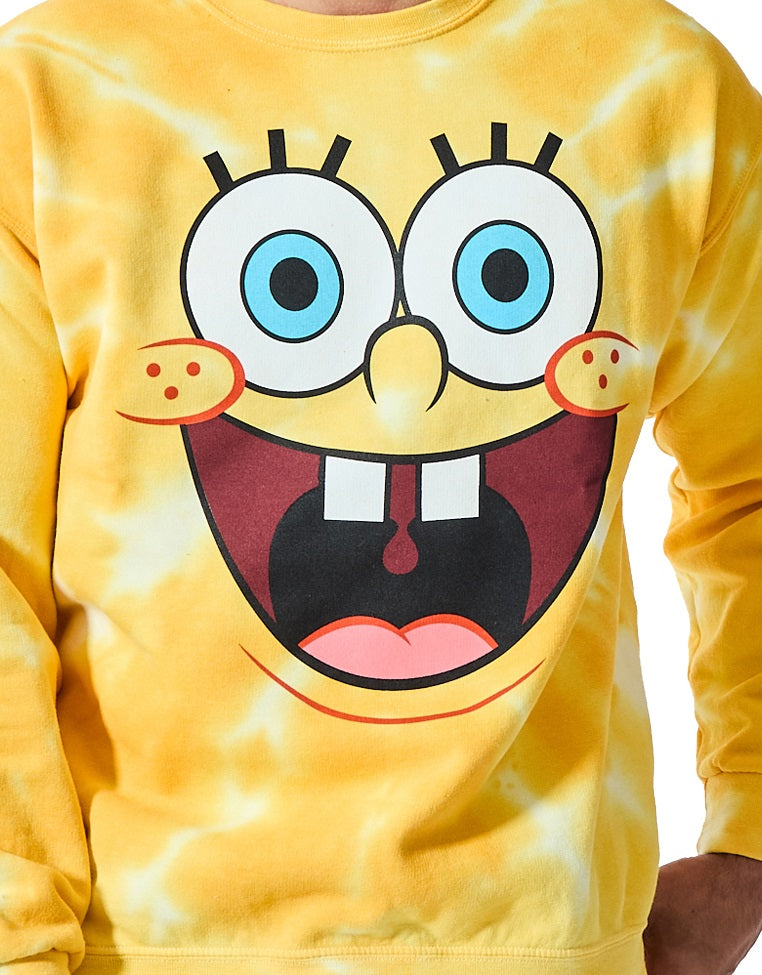 Spongebob Squarepants Big Face Spongebob Men's Yellow Spiral Wash Crew Neck Long Sleeve Fleece Sweatshirt