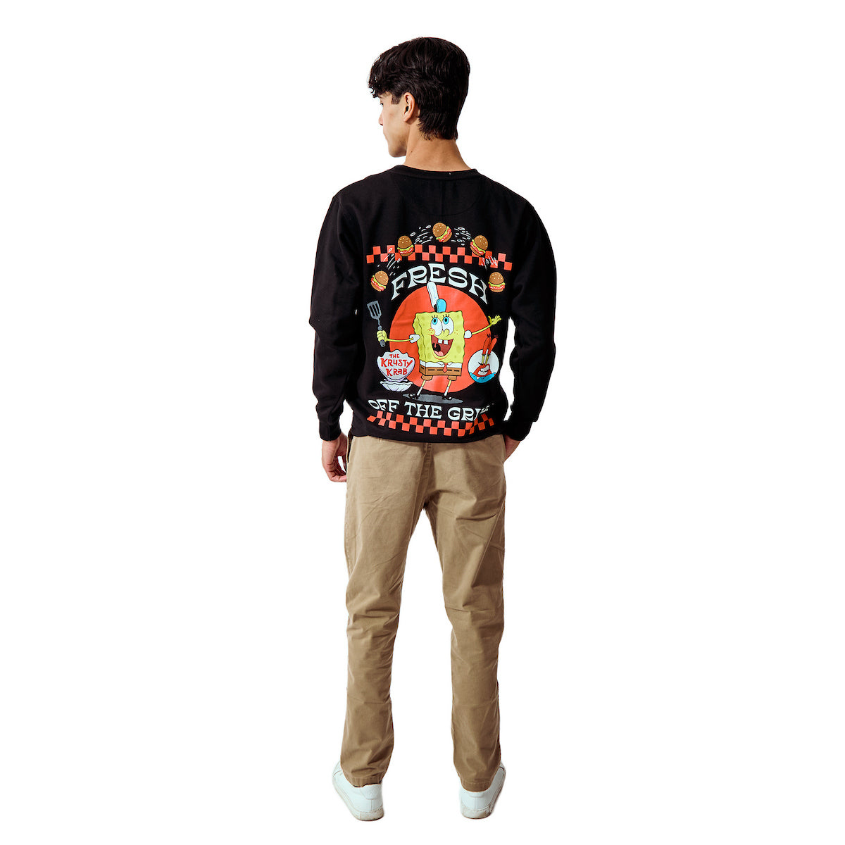 Spongebob Squarepants Fresh Off The Grill Men's Black Crew Neck Long Sleeve Pullover Sweatshirt
