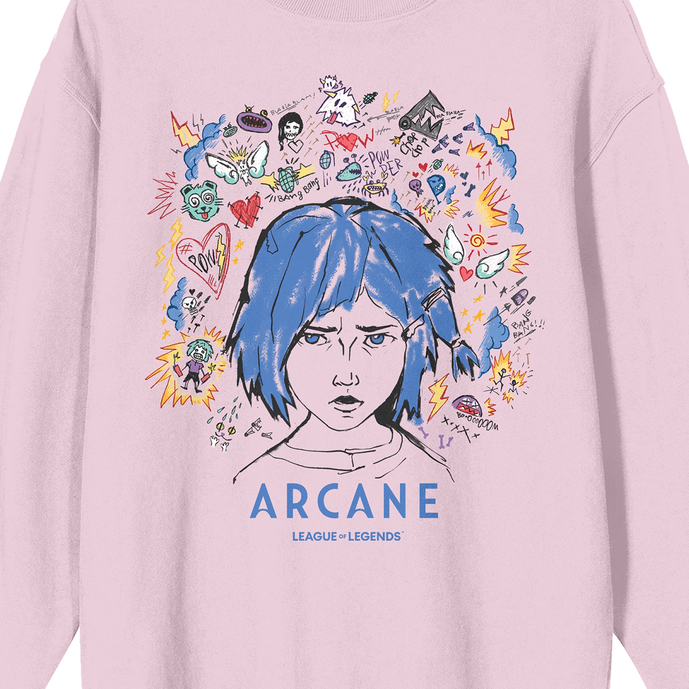 Arcane League Of Legends Powder Doodle Art Adult Cradle Pink Crew Neck Long Sleeve Sweatshirt