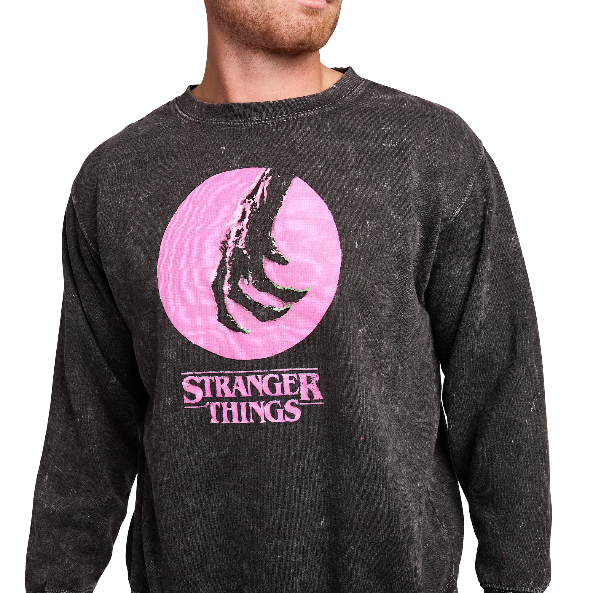Stranger Things Vecna CC TV Oversized Print on Men's Black Mineral Wash Sweatshirt