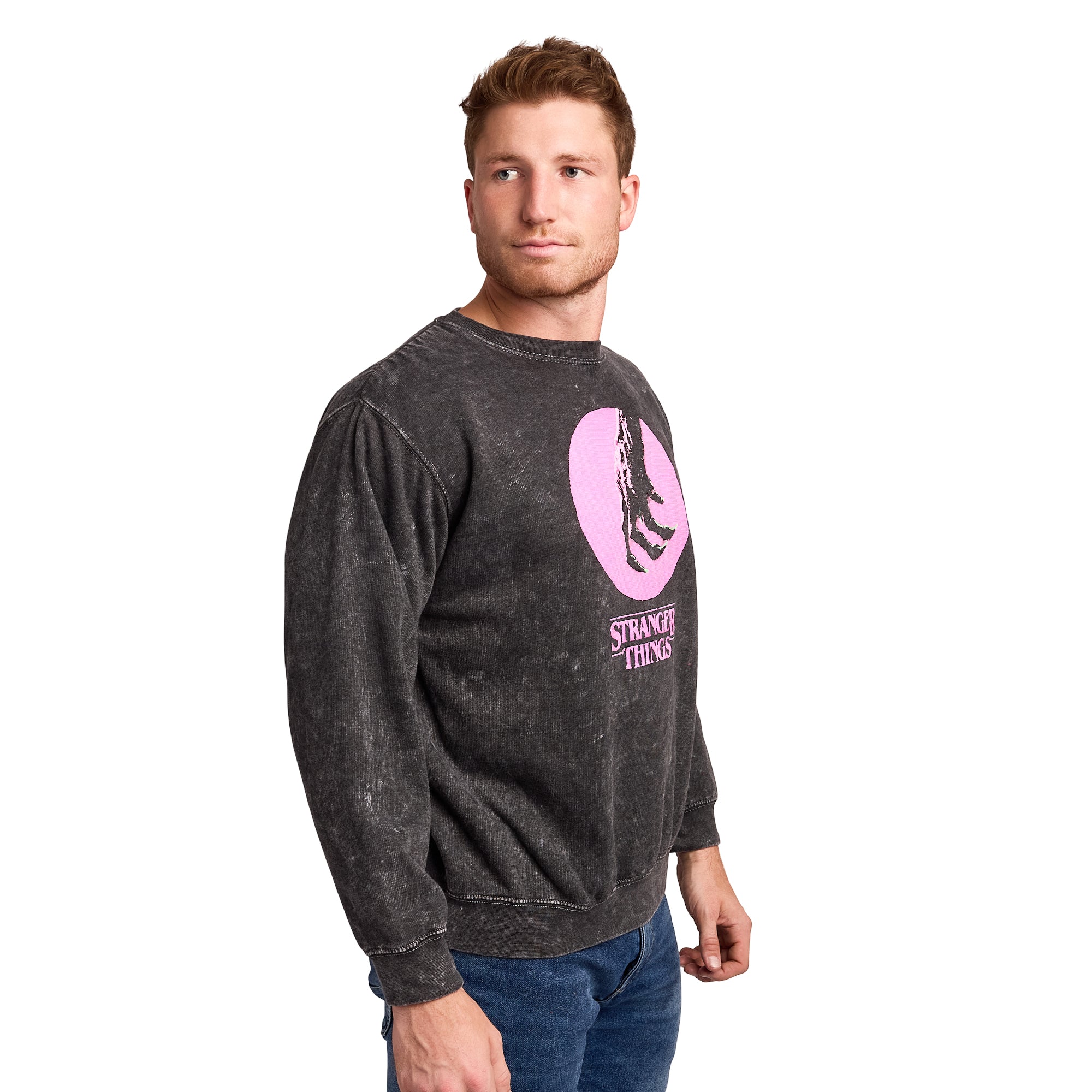 Stranger Things Vecna CC TV Oversized Print on Men's Black Mineral Wash Sweatshirt