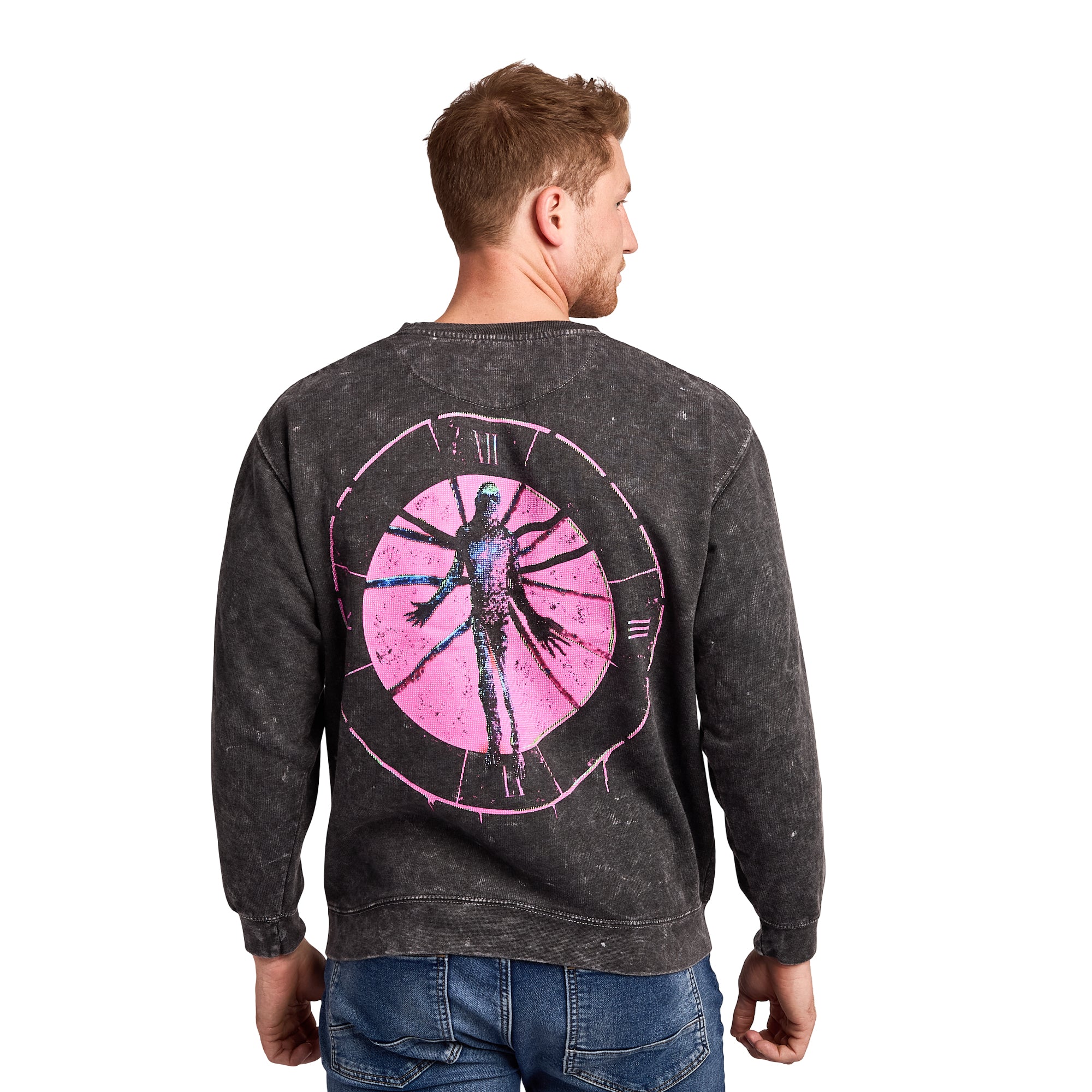 Stranger Things Vecna CC TV Oversized Print on Men's Black Mineral Wash Sweatshirt