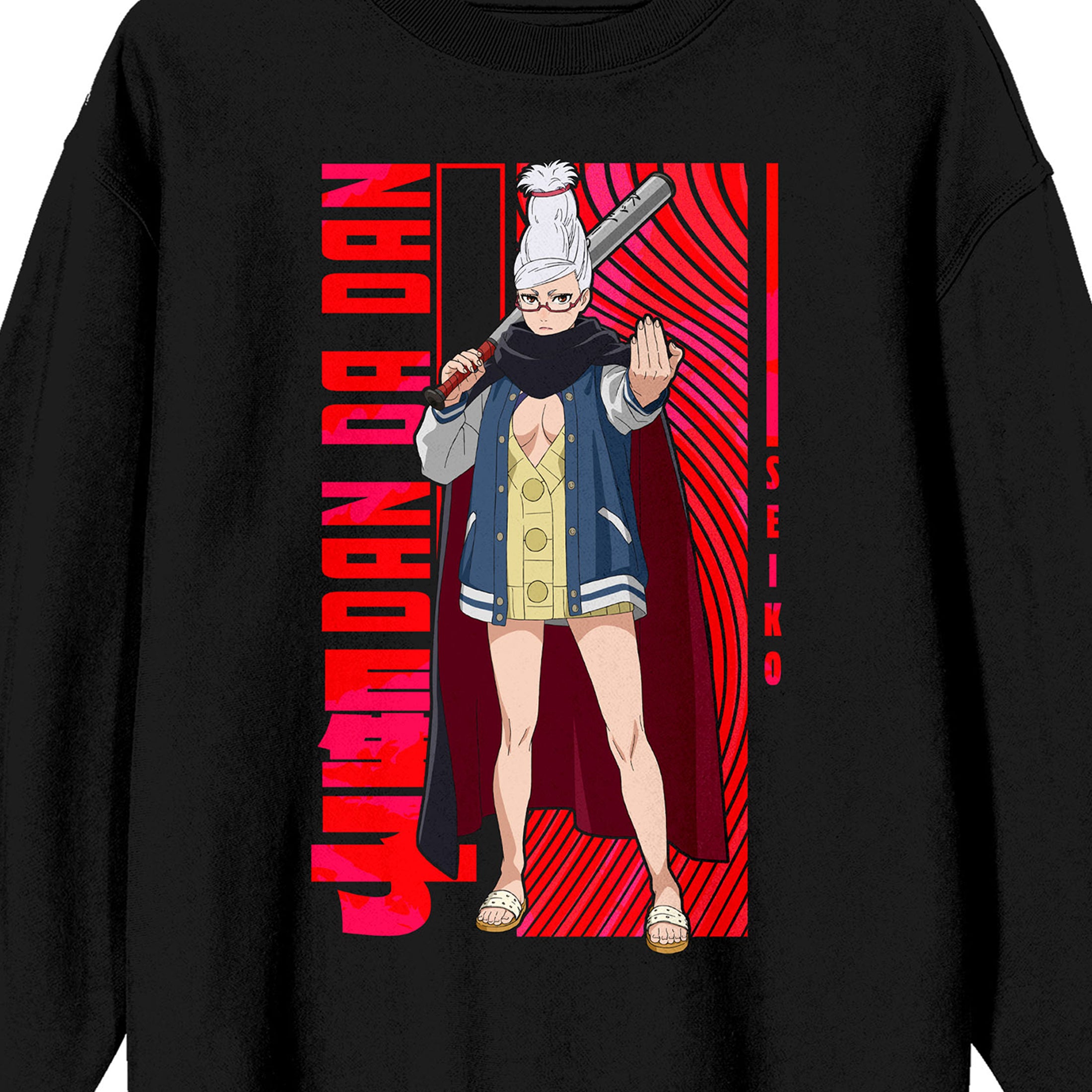 Dandadan - Seiko Ayase, Kanji text, Wavy red Stripes on Black Adult Crew Neck Sweatshirt