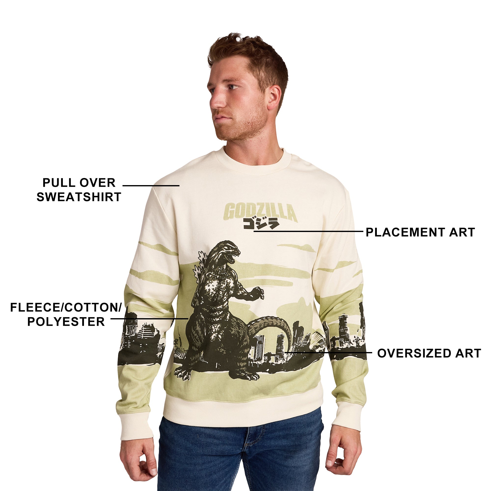 Godzilla Cityscape Men’s White Crew Neck Long Sleeve Pullover Sweatshirt