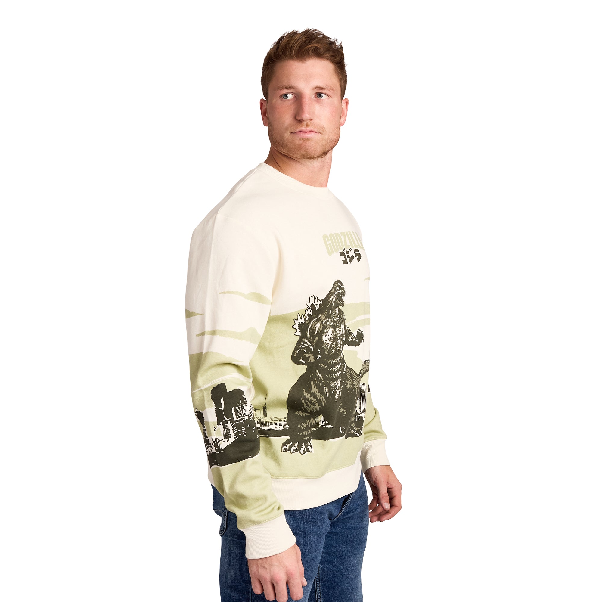 Godzilla Cityscape Men’s White Crew Neck Long Sleeve Pullover Sweatshirt