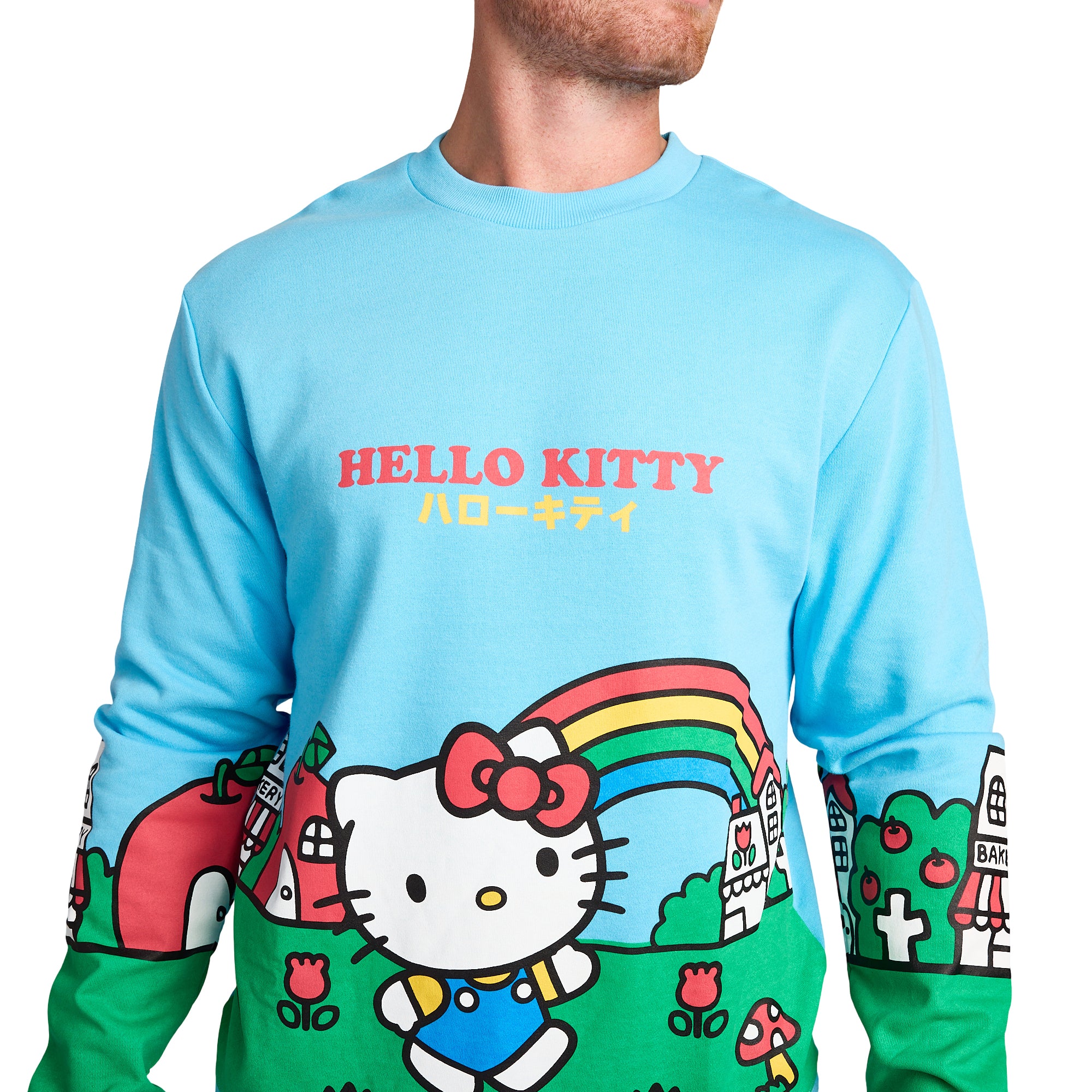 Hello Kitty City Rainbow Men's Blue Crew Neck Long Sleeve Pullover Sweatshirt