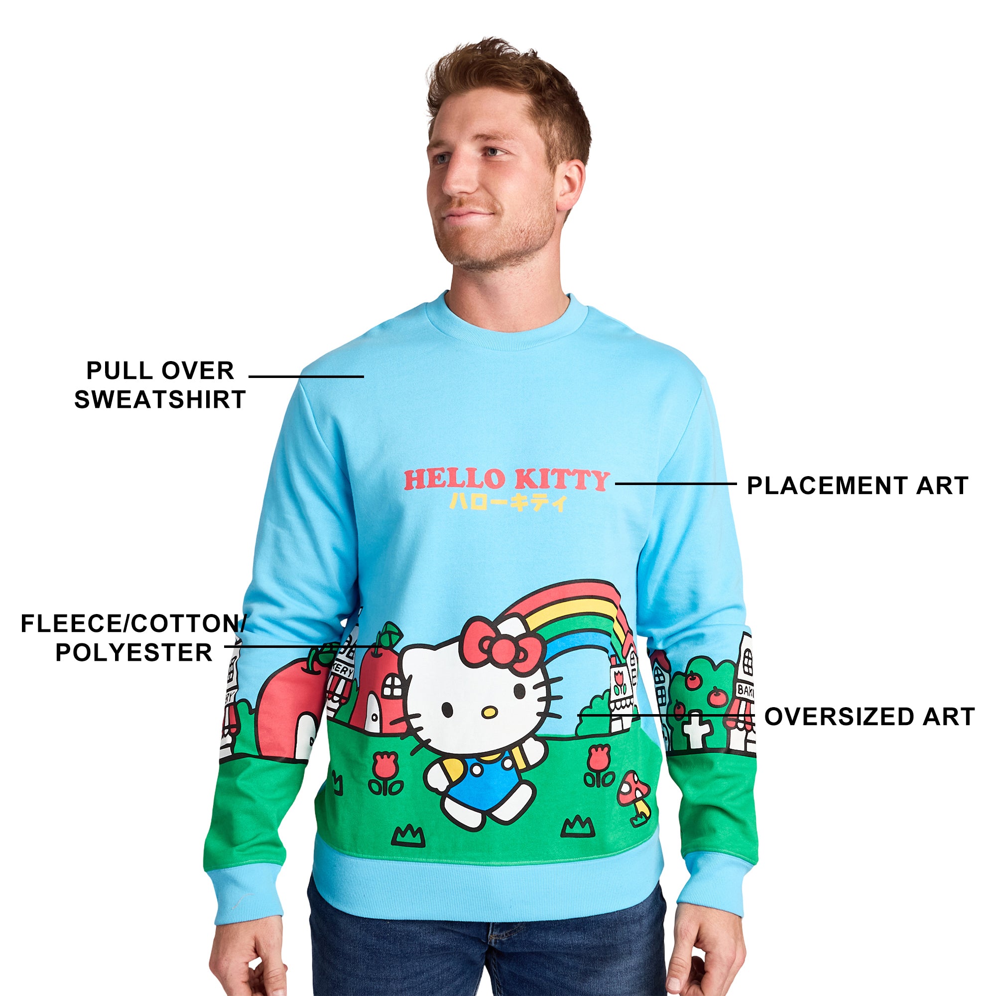 Hello Kitty City Rainbow Men's Blue Crew Neck Long Sleeve Pullover Sweatshirt