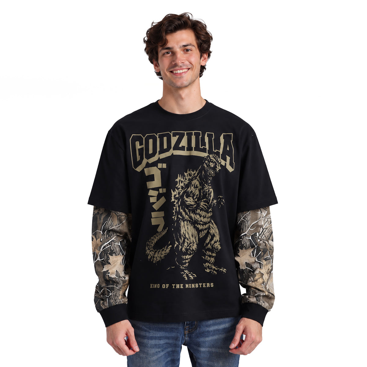 Godzilla King of the Monsters Long Sleeve Tee with Camo Sleeves