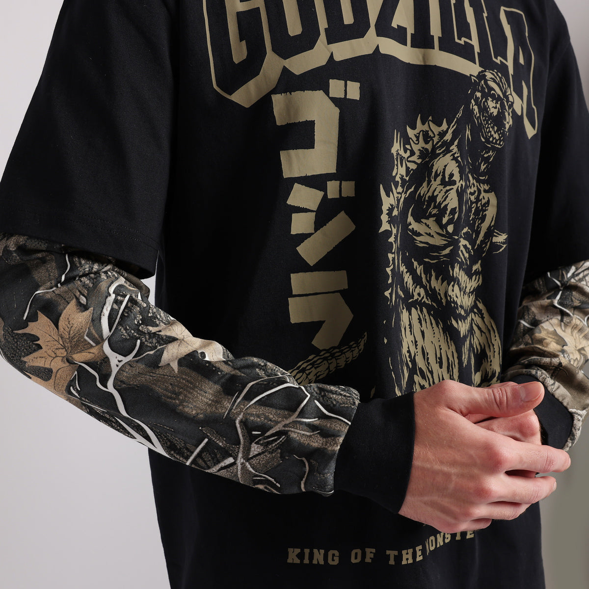 Godzilla King of the Monsters Long Sleeve Tee with Camo Sleeves