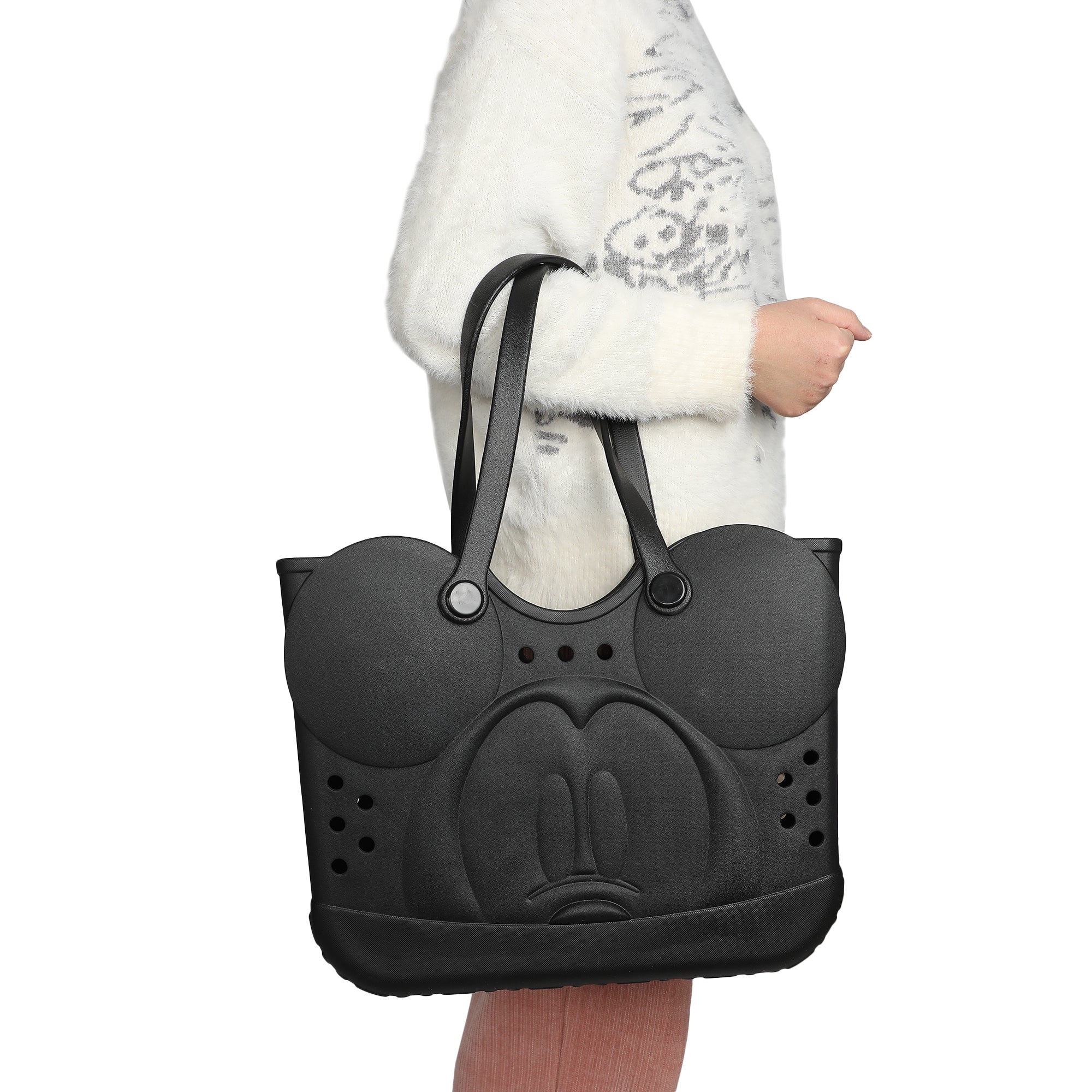 Disney Mickey Mouse Big Face 16.5" Adult Black Water-Resistant Rubber Molded Large Gummy Tote Beach Swim Bag