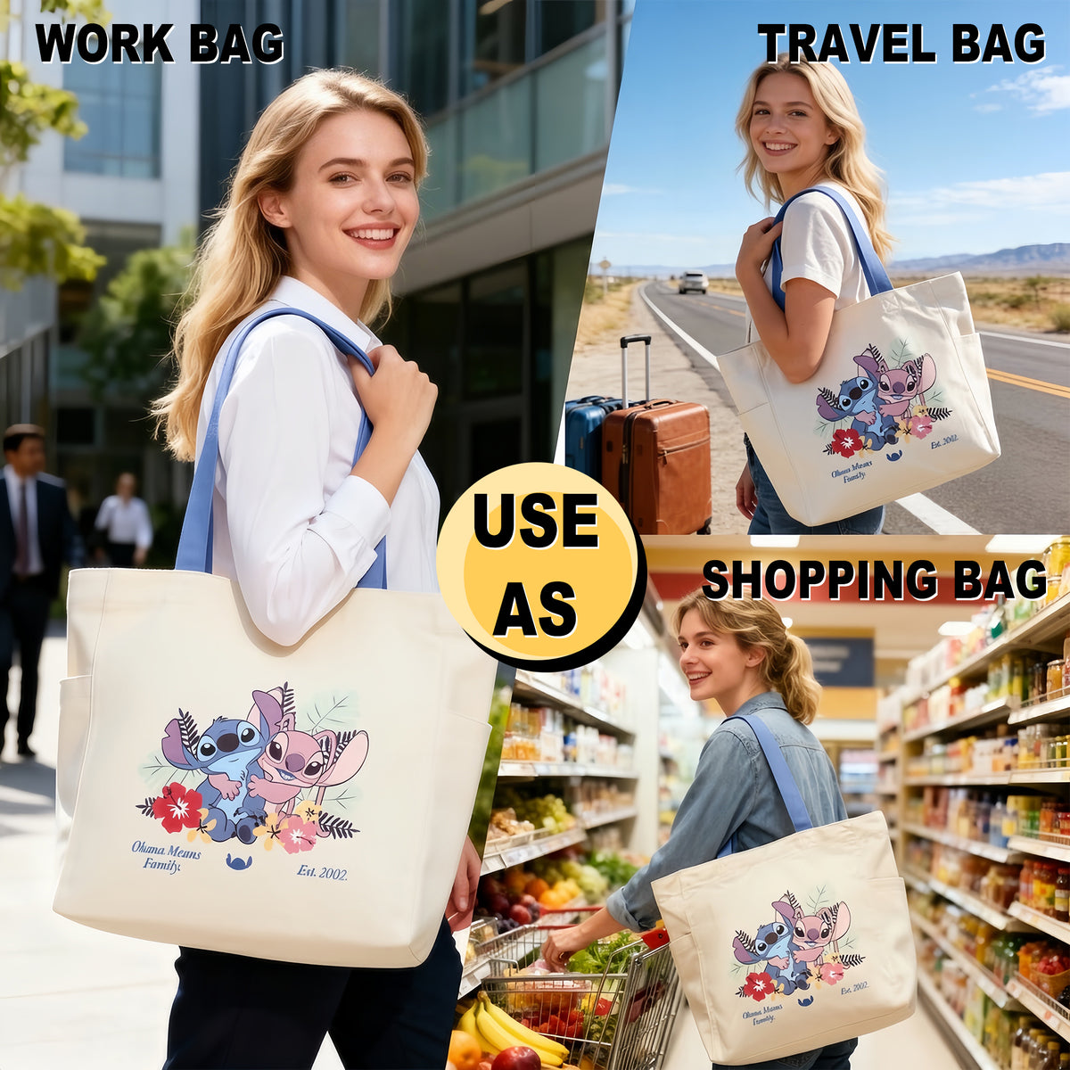 Lilo & Stitch Ohana Means Family 15.5-Inch Adult Canvas Tote Bag