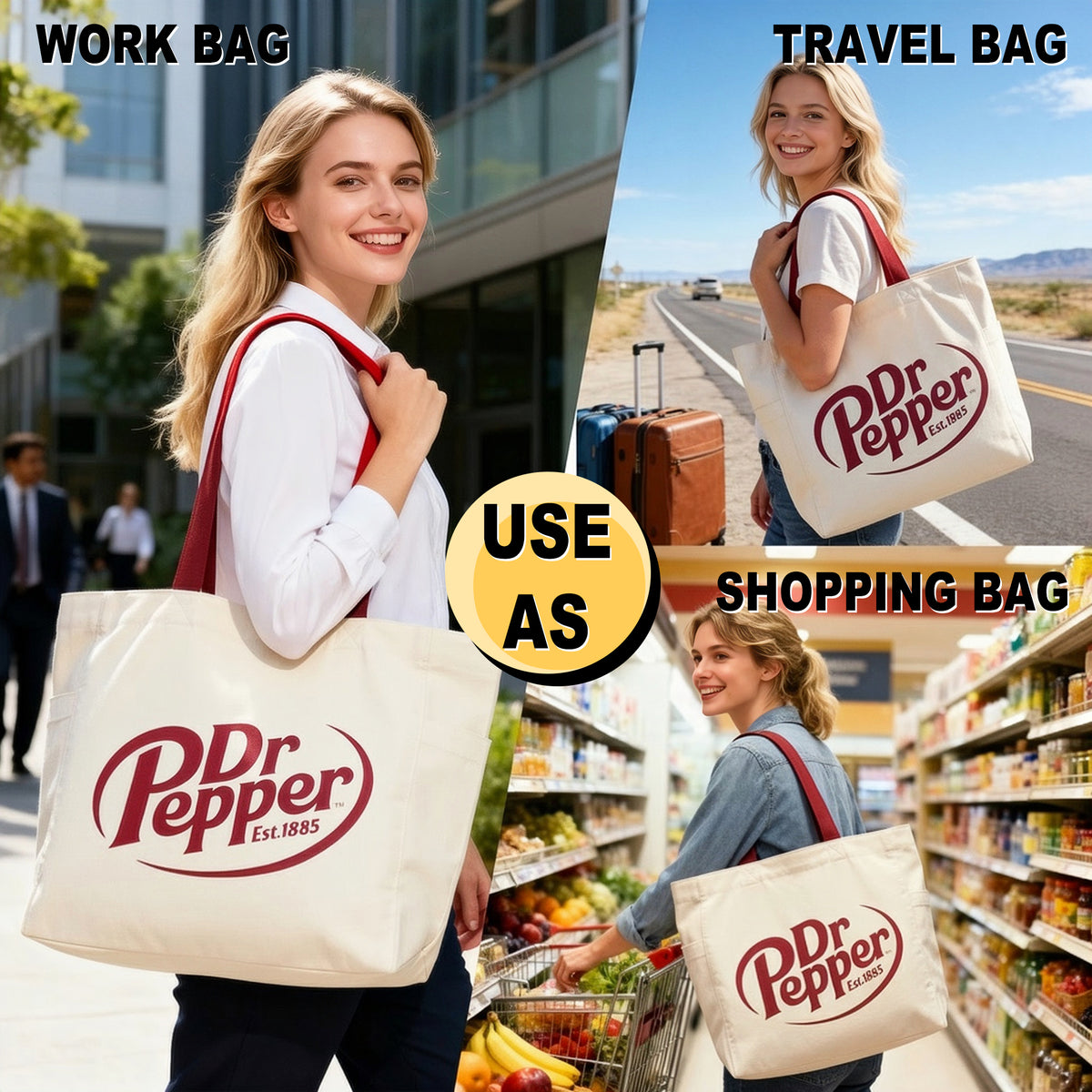 Dr Pepper Logo Canvas Tote Bag, 15.5-Inch for Adults