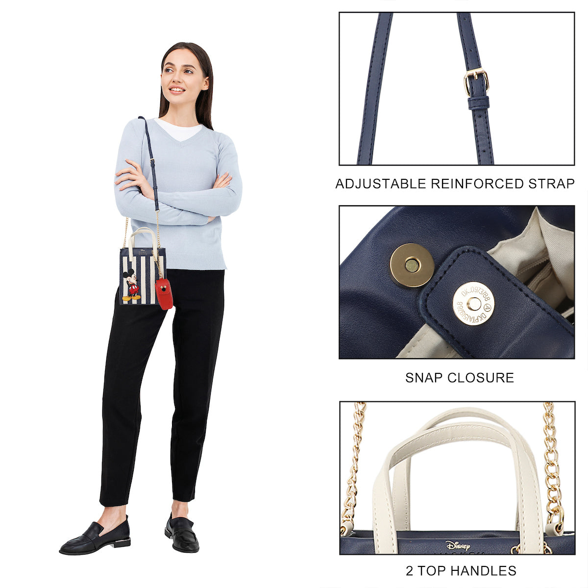 Disney Bashful Mickey Pose 11.3" Blue & White Striped Crossbody Bag