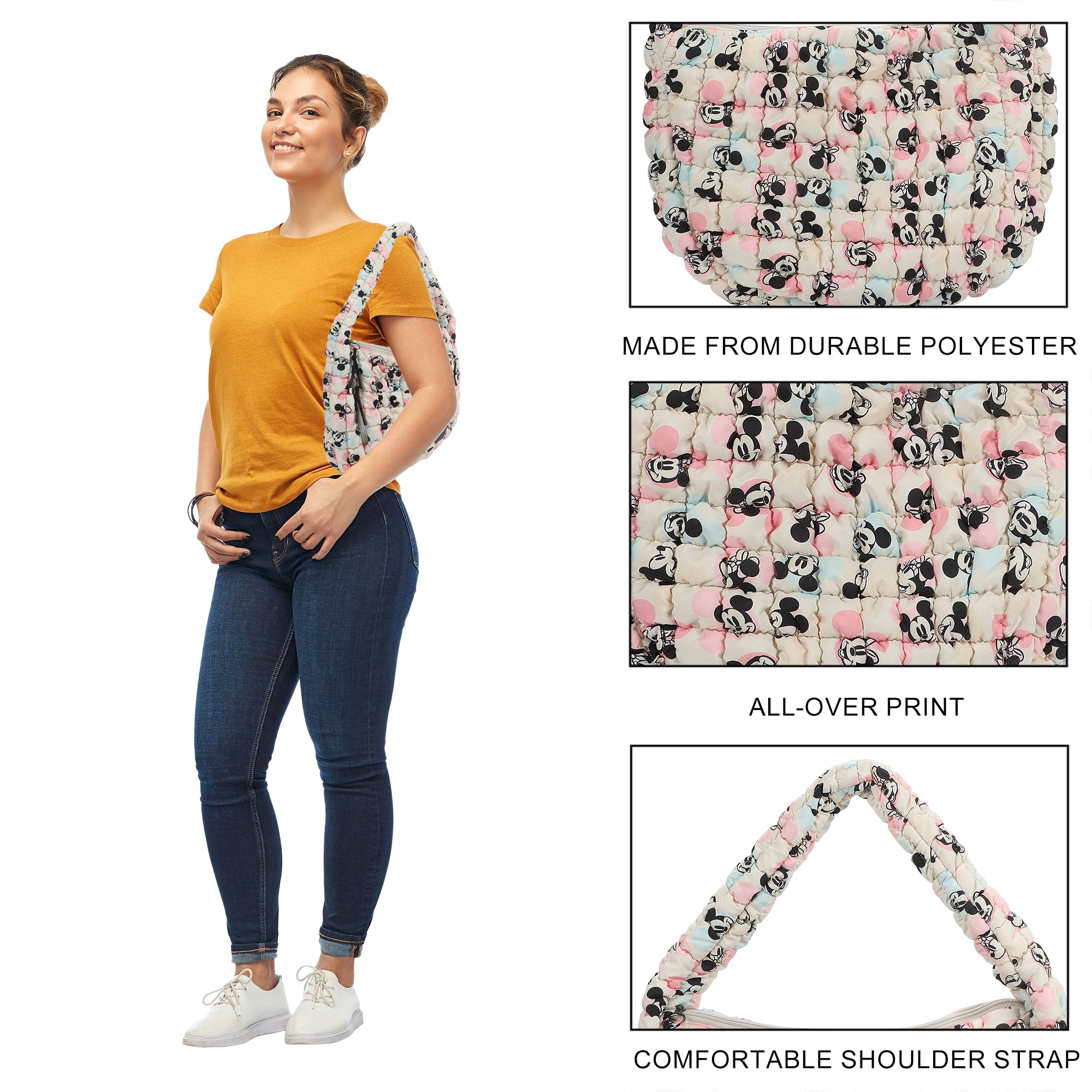 Mickey Mouse Classic Mickey Face All-Over Print White 17" Quilted Ruched Tote