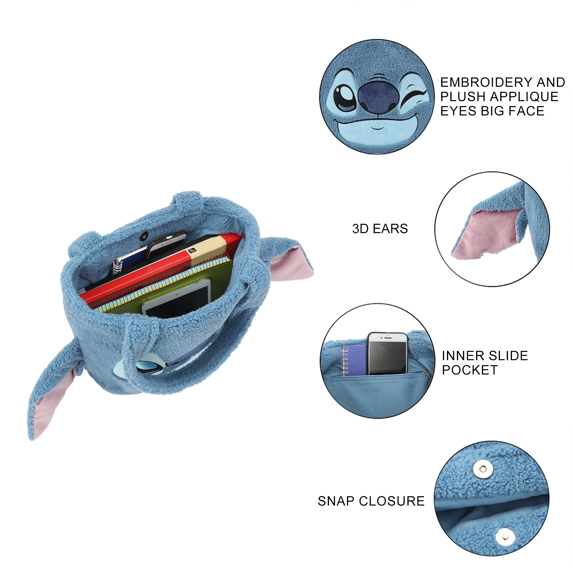 Lilo & Stitch Stitch Face Blue with 3D Ears 16" Plush shoulder bag large Tote Handbag