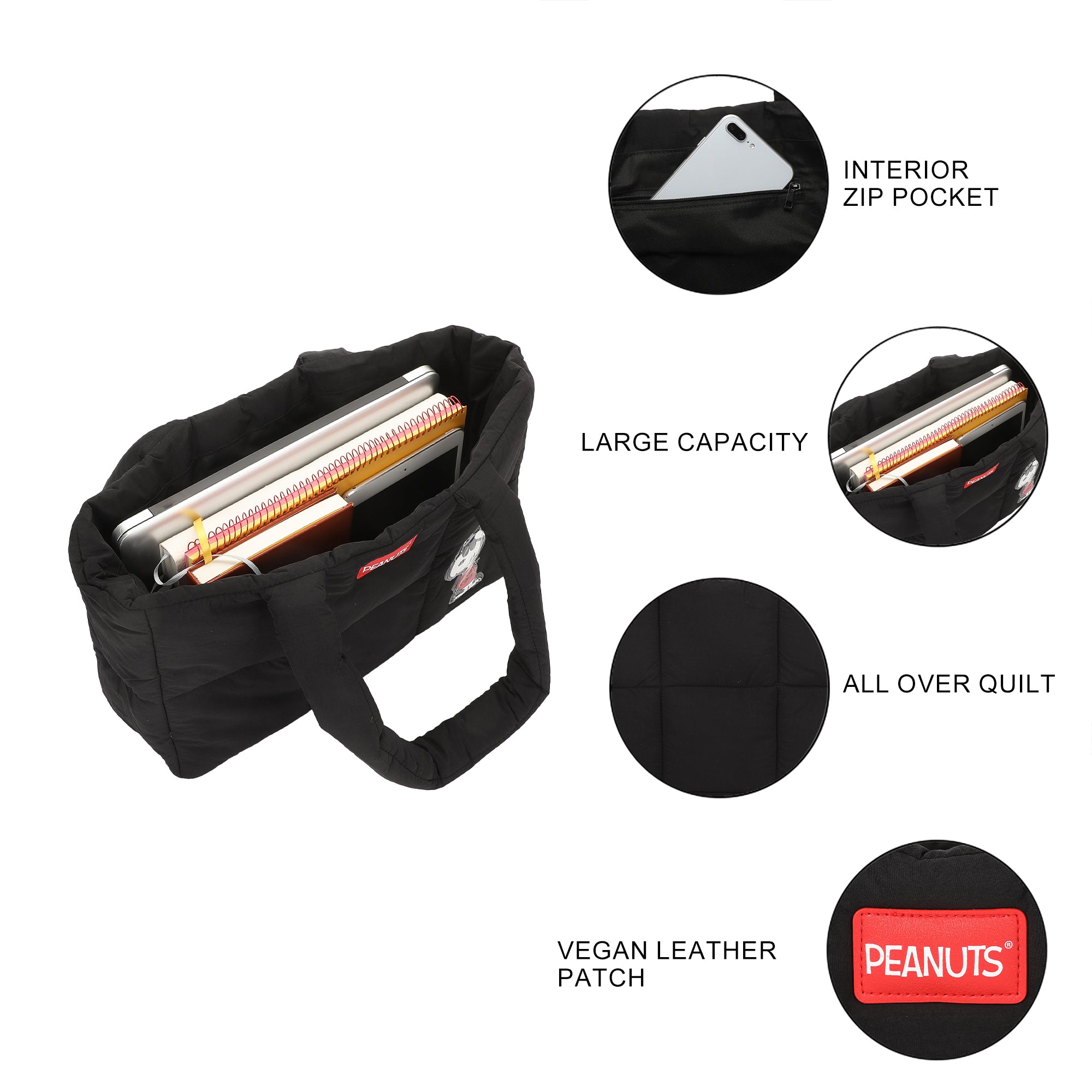 Peanuts Quilted Puffer Tote Bag with Rubber and PU Badge