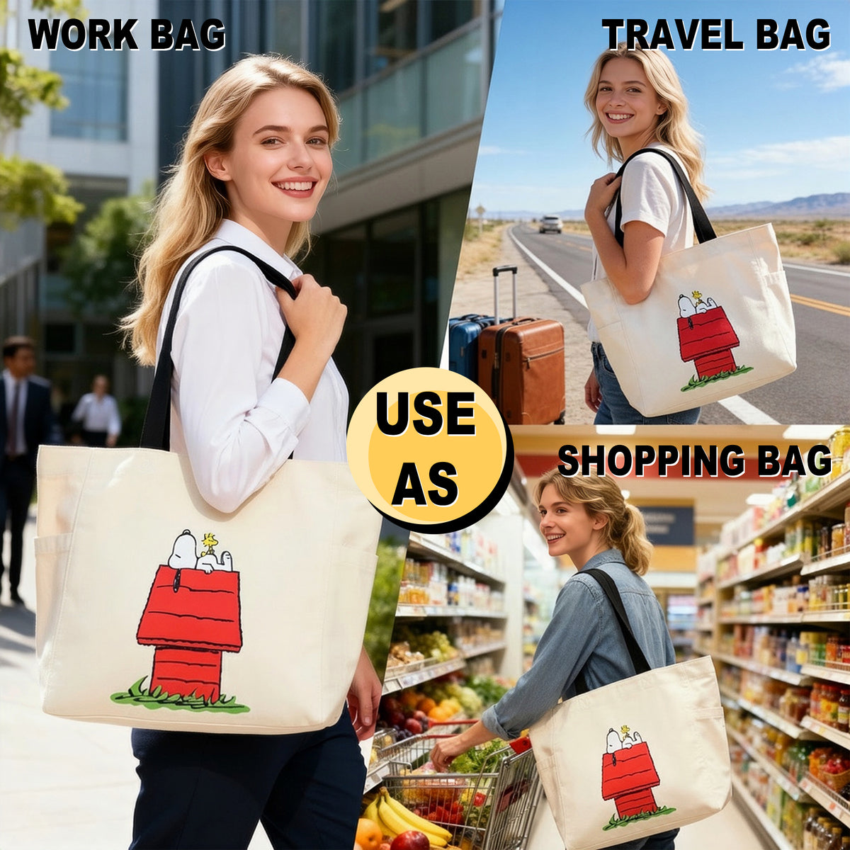 Peanuts Snoopy Transfer Print Natural 15.5" Canvas Tote Bag