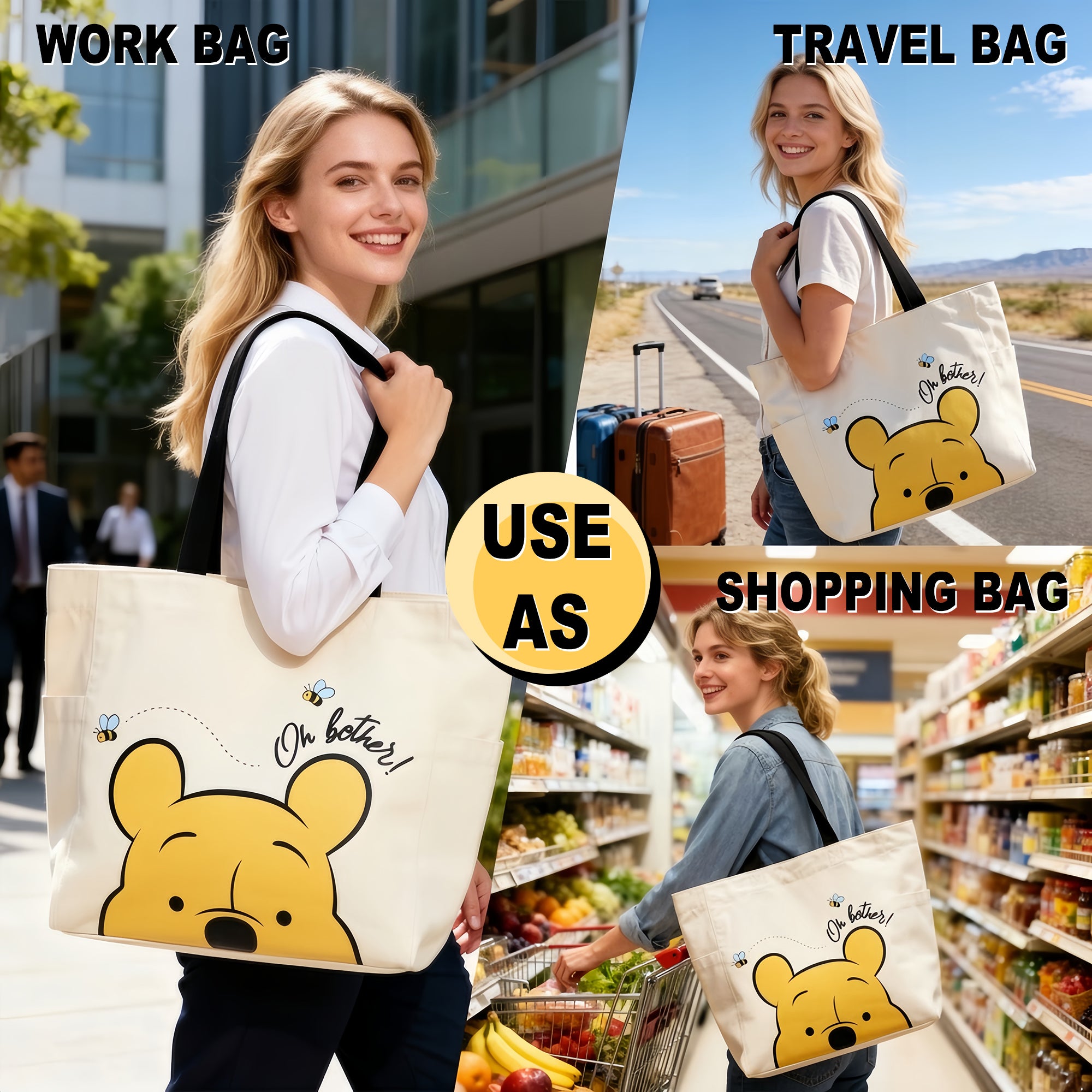 Winnie The Pooh Transfer Print Canvas 15.5" Tote Bag for Women