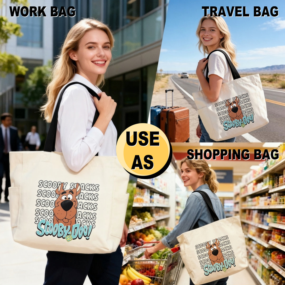 Scooby-Doo Snacks Print Tote Bag, 15.5-Inch for Adult Fans