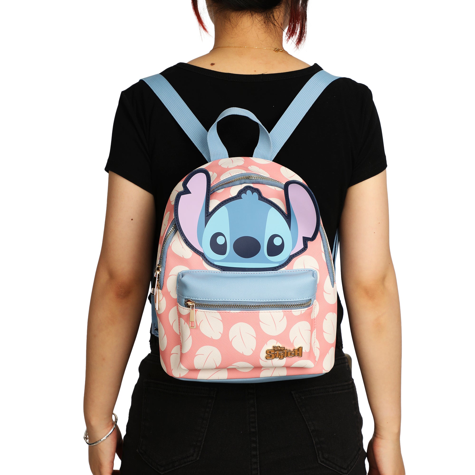 Disney Stitch Applique Character Head Pink Dress Pattern 10.6" Mini Backpack