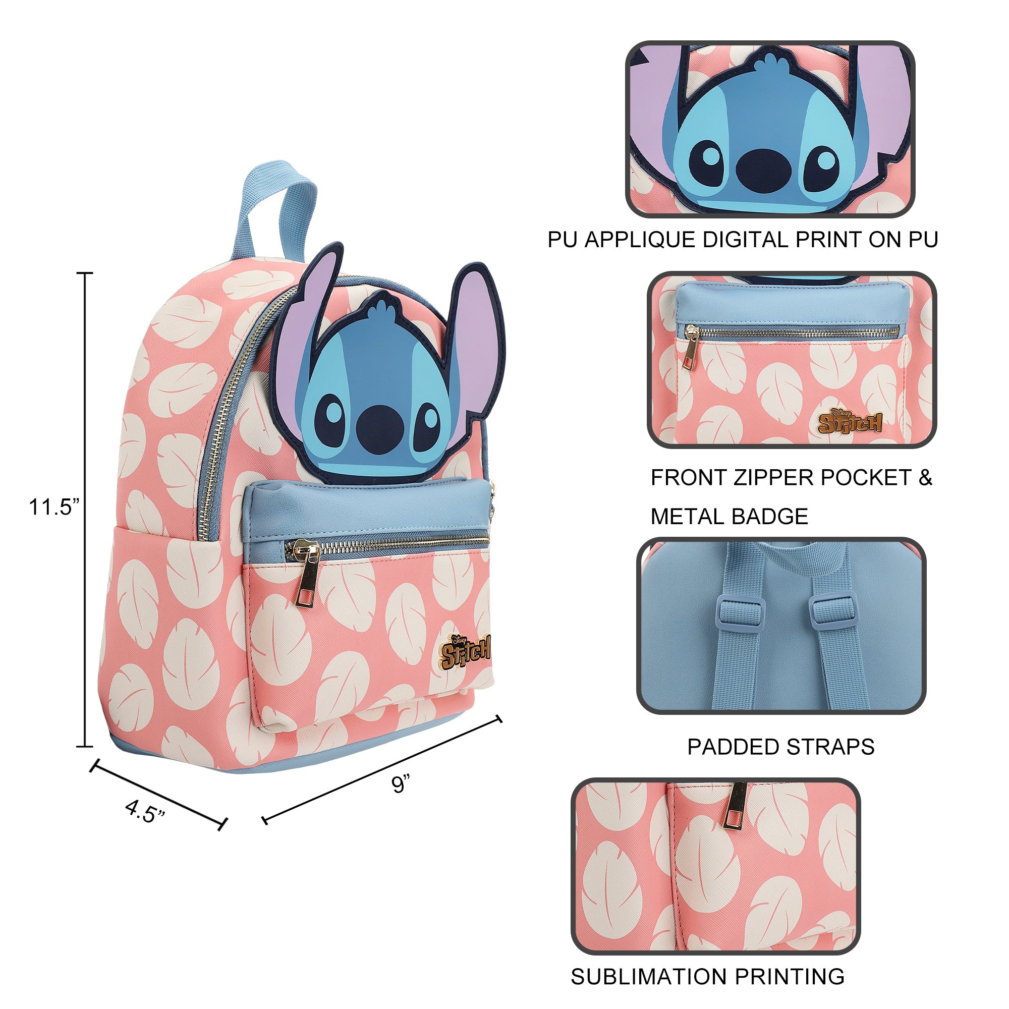 Disney Stitch Applique Character Head Pink Dress Pattern 10.6" Mini Backpack