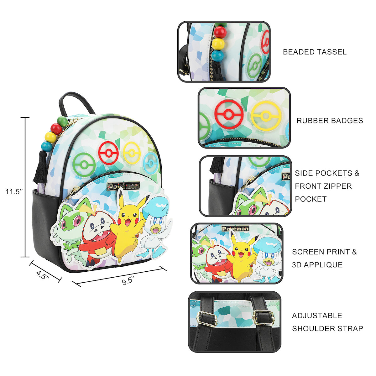 Pokemon Sprigatito Fuecoco Pikachu & Quaxly 11.5 Tie-Dye Mini Backpack