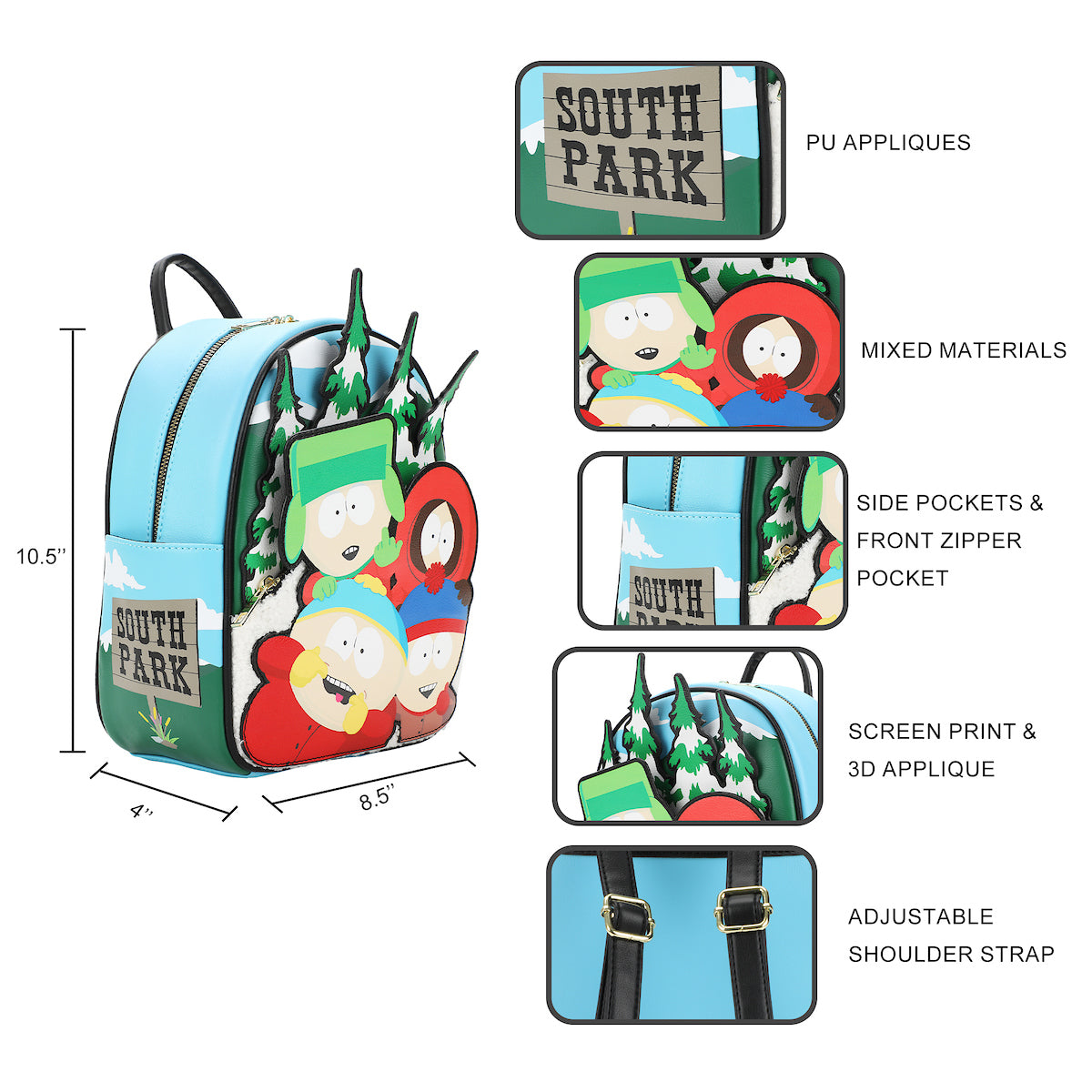 South Park Stan, Kenny, Cartman, and Kyle 10.5" Mini Backpack