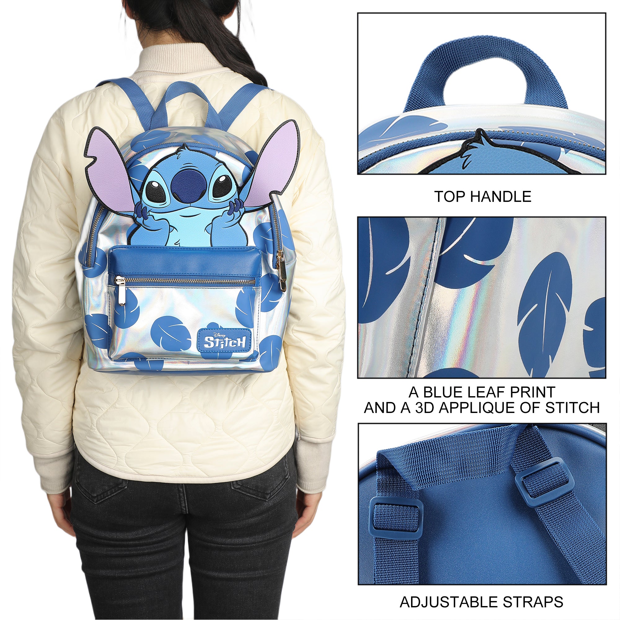 Disney Stitch Blue Leaves 12.6" White Mini Backpack