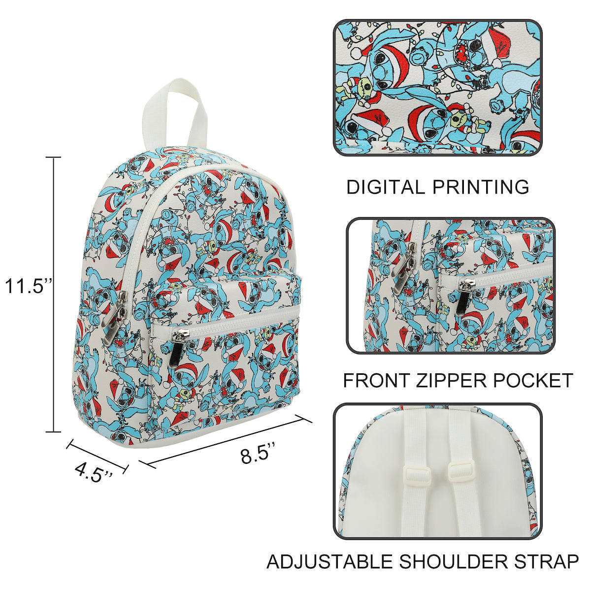 Disney Stitch Santa Stitch All-Over Print White Faux Leather 10.6" Mini Backpack