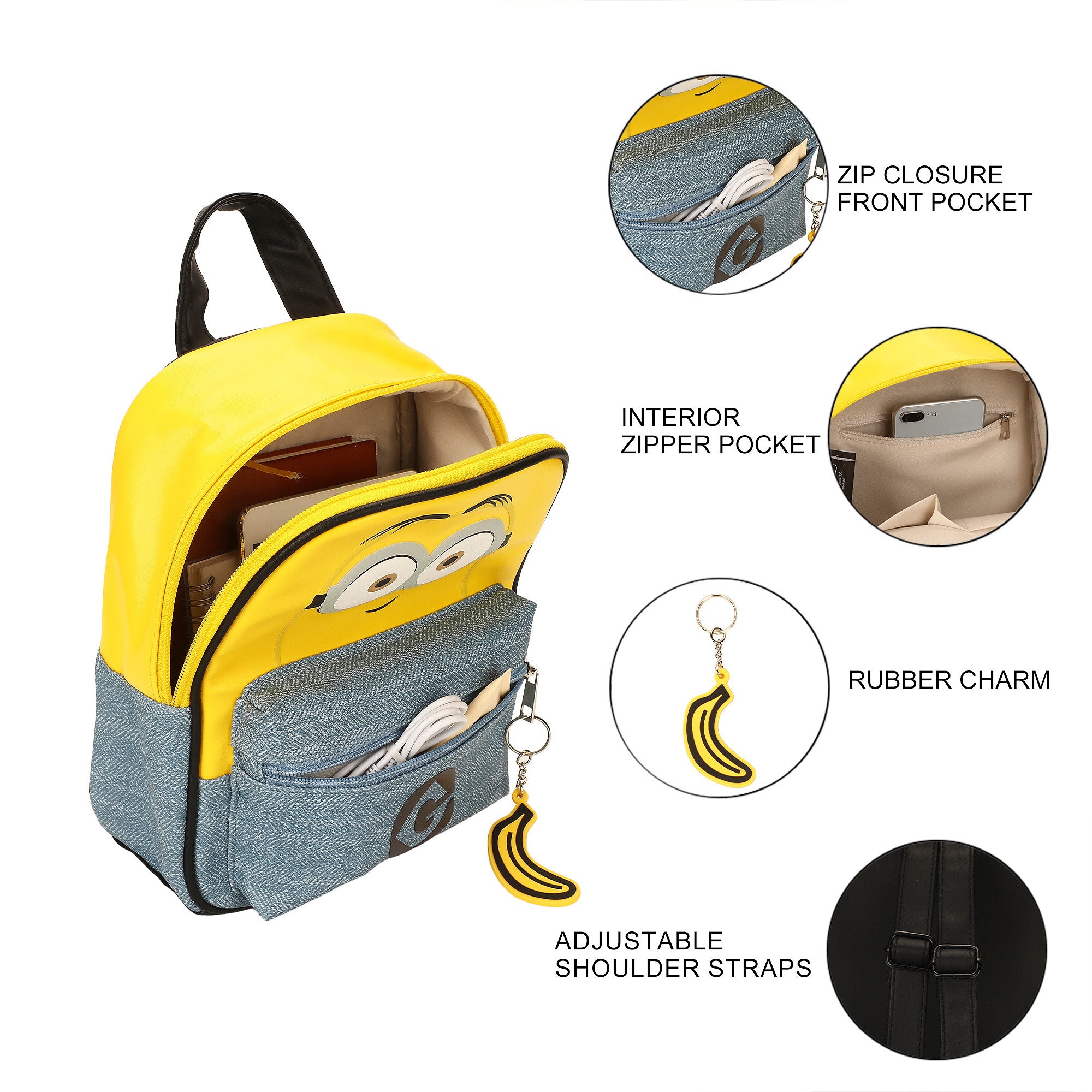 Minions Big Face Women's 11" Mini Backpack with Banana Charm for Fans