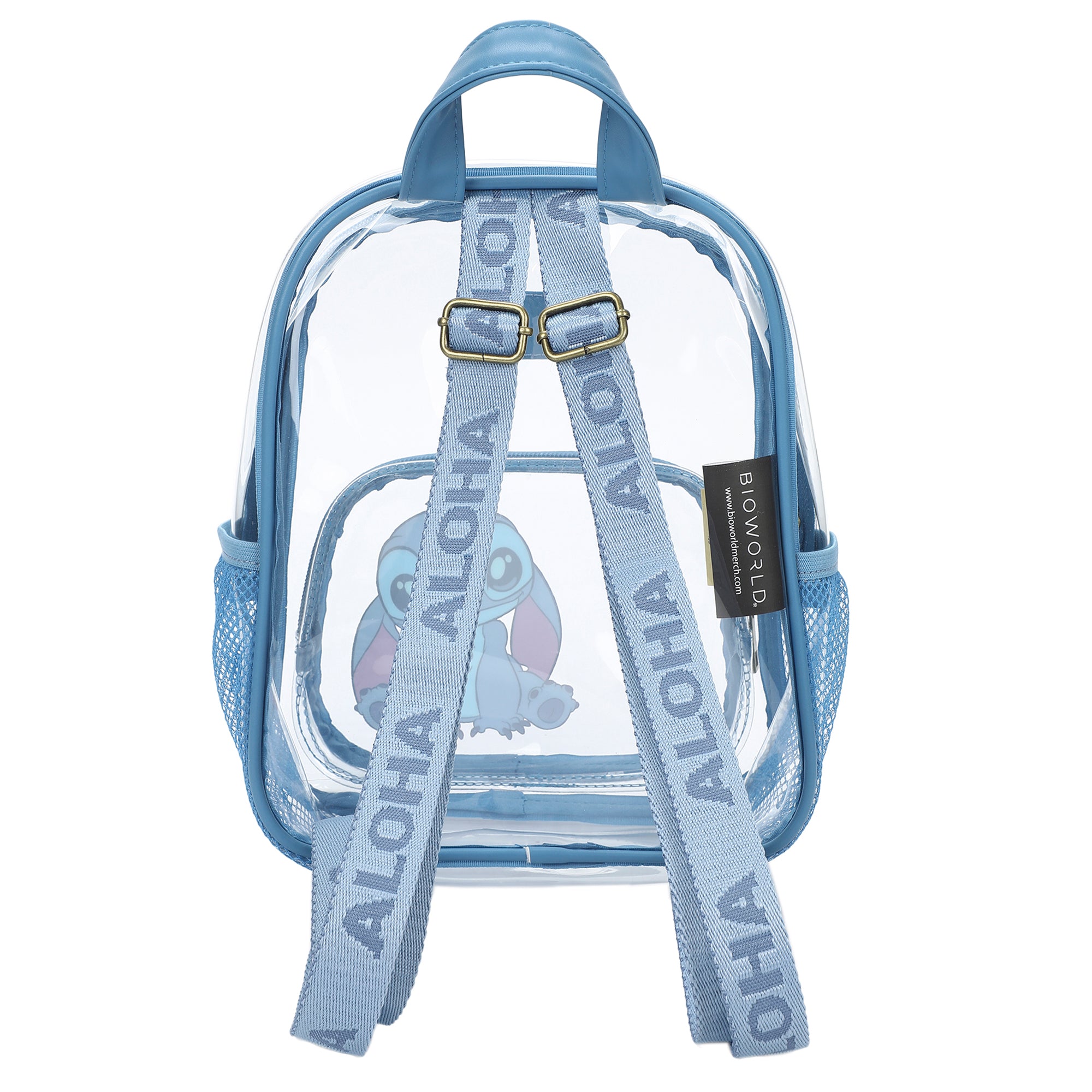 clear blue mini backpack Cute Transparent Bookbag PVC for Women, Pink Two side zippered compartments Lilo & Stitch Curious Pose