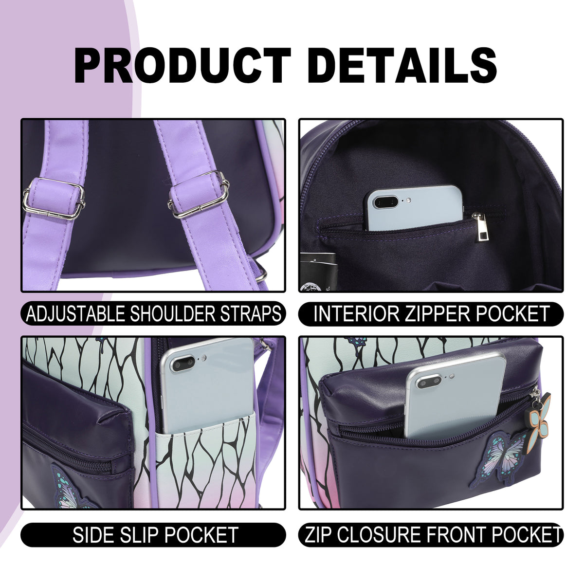 Demon Slayer Shinobu Inspired with Butterfly PU Appliques Women's 11" Mini Backpacks