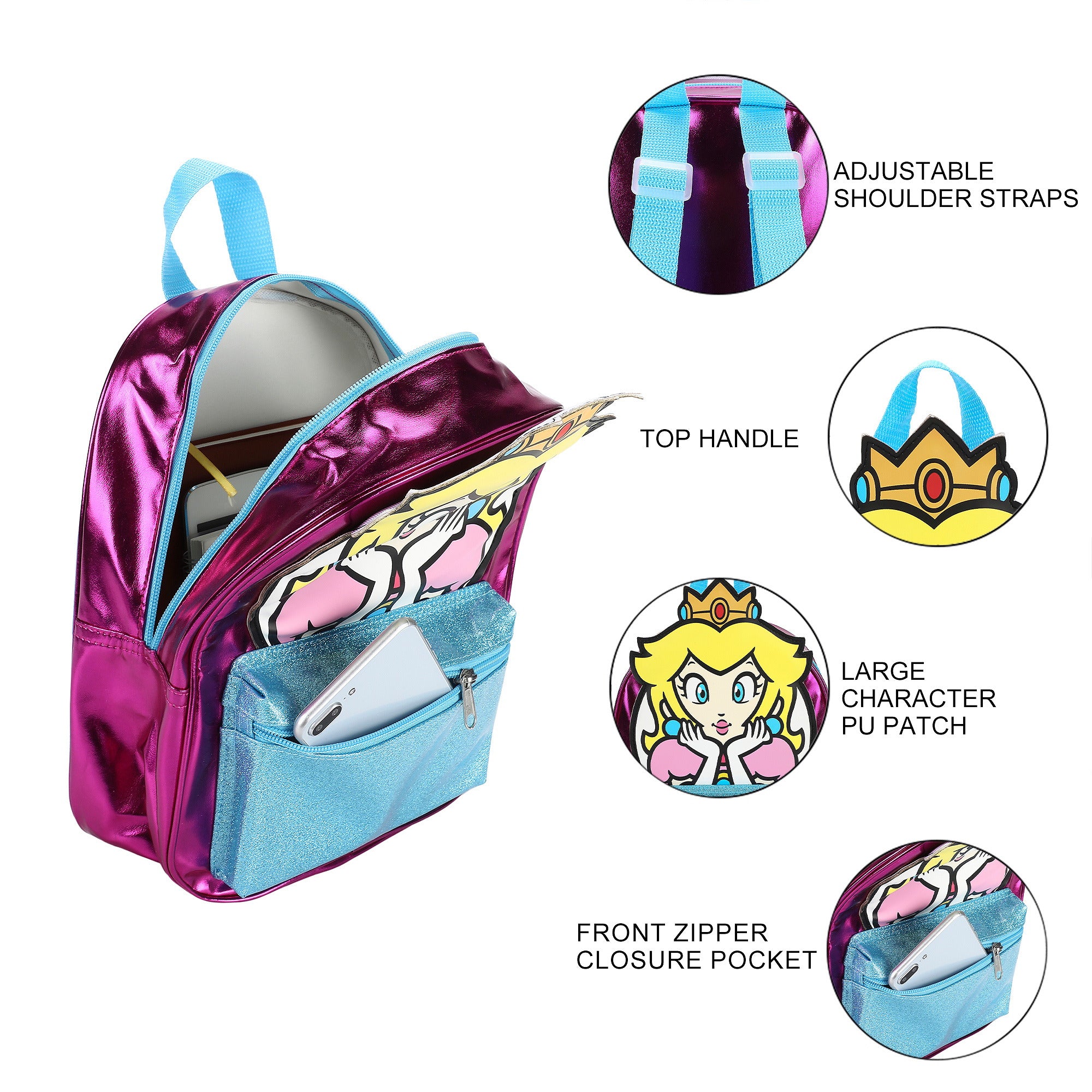 Super Mario Bros Girls Mini Backpack With 3D Clear PVC Applique and Glitter Pocket For Kids School