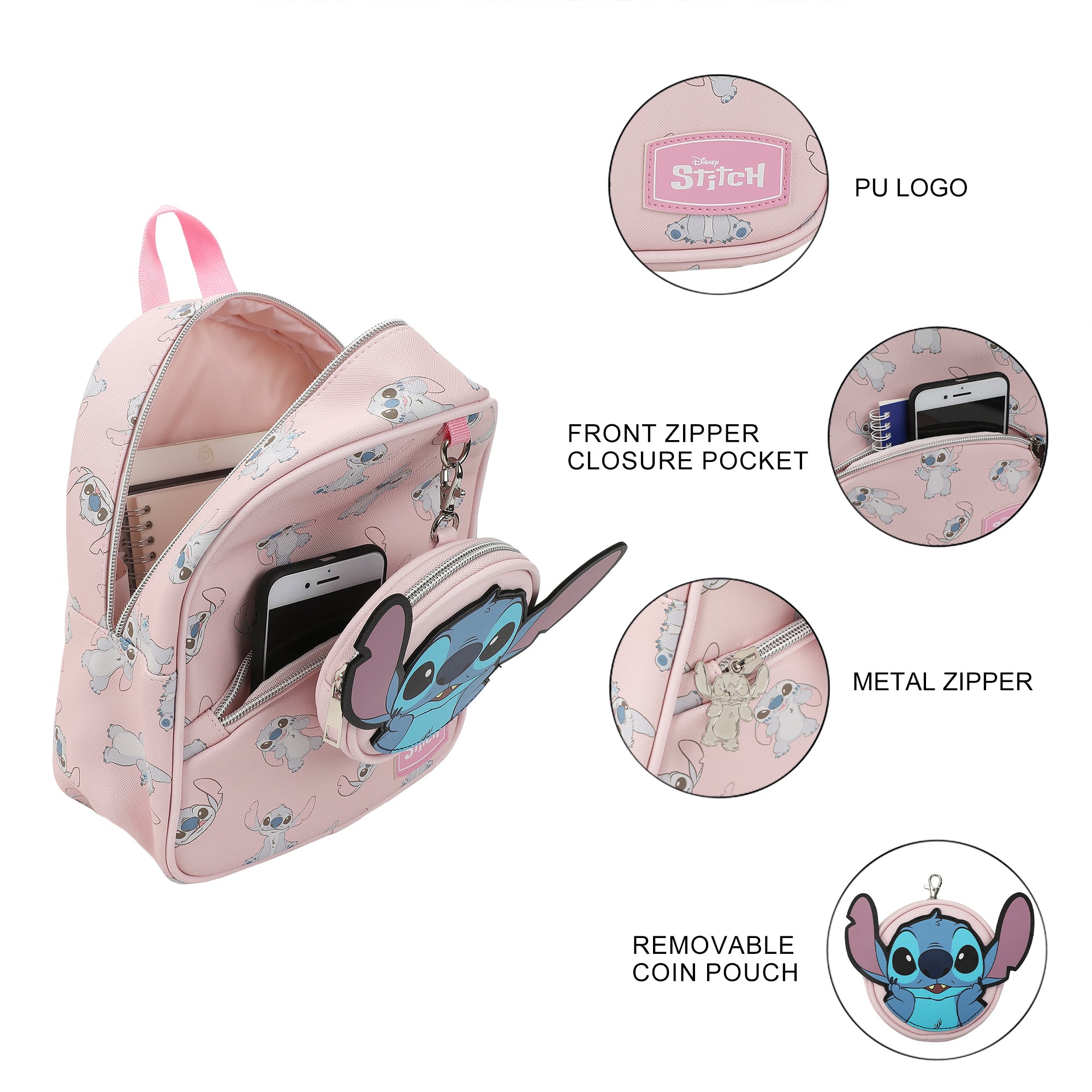 Disney Stitch Playful Pose Pink 10.5" Mini PU Backpack